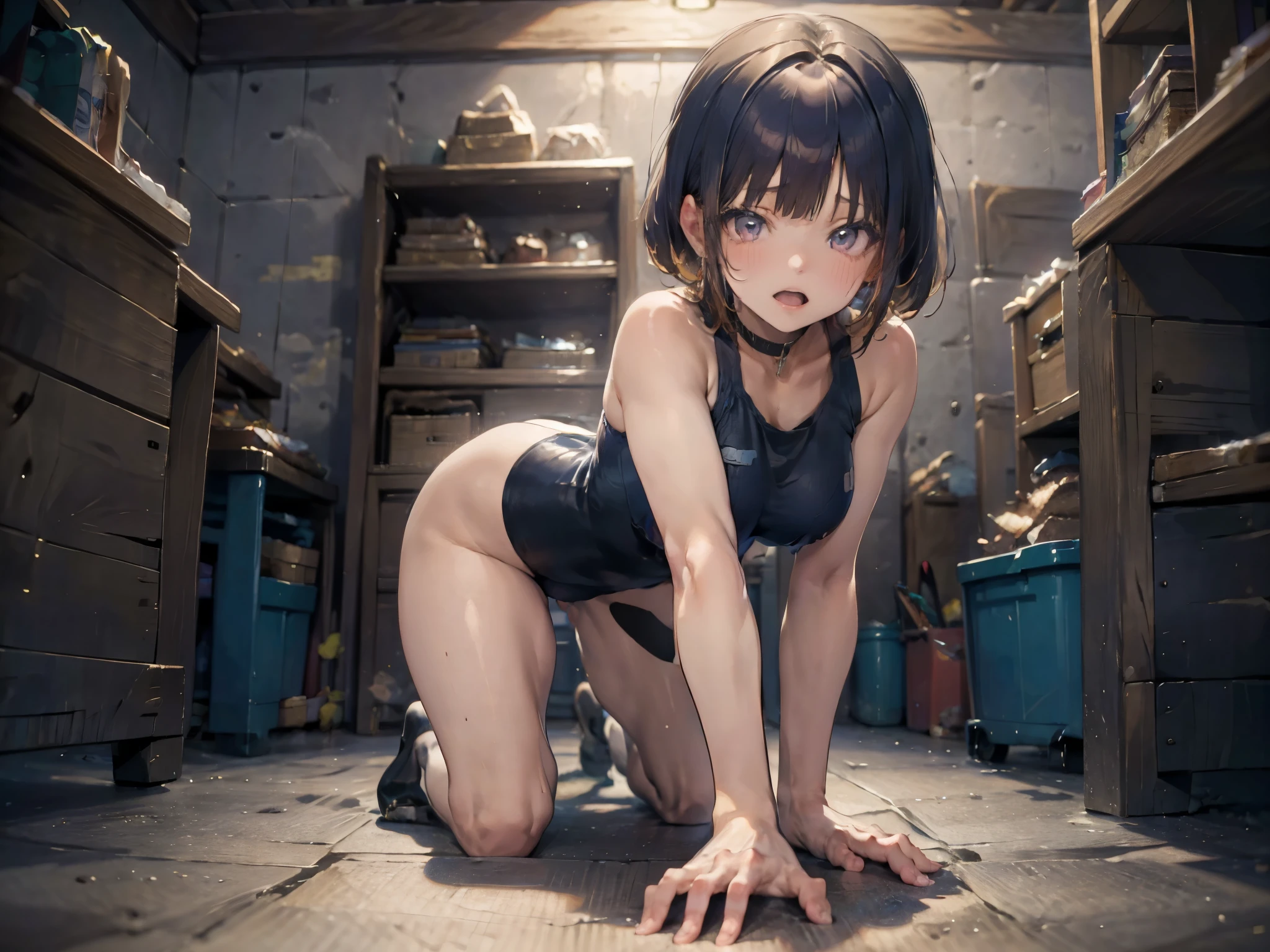 best picture quality, 8K, high quality, masterpiece:1.2), ((masterpiece)), (high detail, high quality, best picture quality), bokeh, DOF, Portrait, open stance, (cute illustration:1.2), public restroom, nsfw, (small size breast), (dark navy one piece competition swimsuit,), (idolmaster), cute round face girl, short cut hair, blond hair, pigtail hair style, crawling,