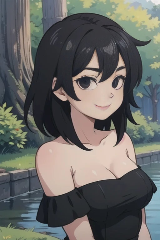 Gine, 1 girl, black hair, black eyes, bare shoulders, strapless, off shoulders, black ruffle off the shoulder top, black maxi dress, close up headshot, intricate details, sharp focus, high resolution, the background of beautiful park with trees and canals, beautiful sunny day, seductive smile