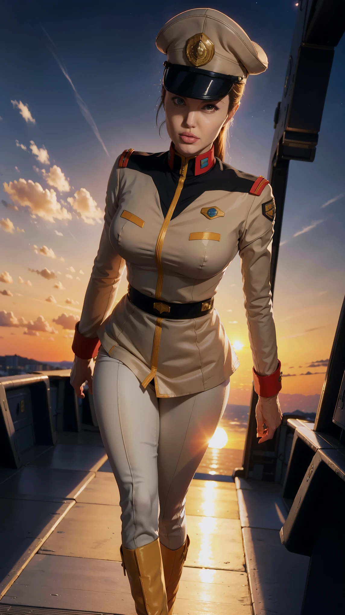 (((masterpiece,highest quality,In 8K,super detailed,High resolution,anime style,Absolutely))),(A female Earth Federation Forces officer is walking.:1.5),(solo:1.5),((ten-hut:1.5)),(Angelina jolie:1.5),(((The background is a big sunset:1.5))),((blur background:1.5))),BREAK (Wearing the uniform of the Earth Federation Forces:1.5),(Wearing a federal officer's hat:1.5),(Beautiful woman:1.4),(Detailed facial depiction:1.4),(beautiful hands:1.4),(detailed hands:1.2),(wallpaper:1.5),(whole body:1.5),((From above:1.5))