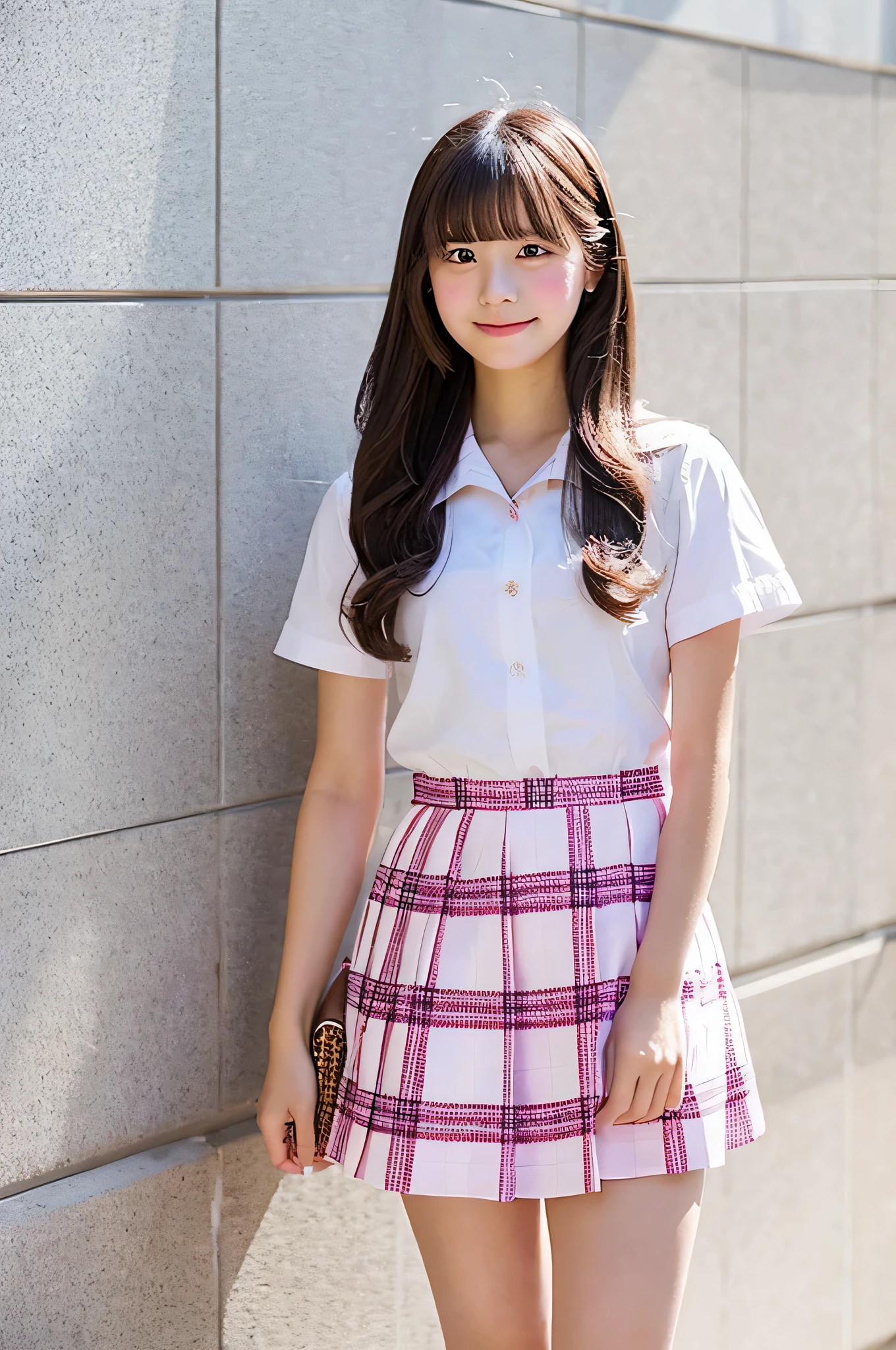 An 18-year-old high school girl wearing a very short pink plaid skirt and white dress shirt..