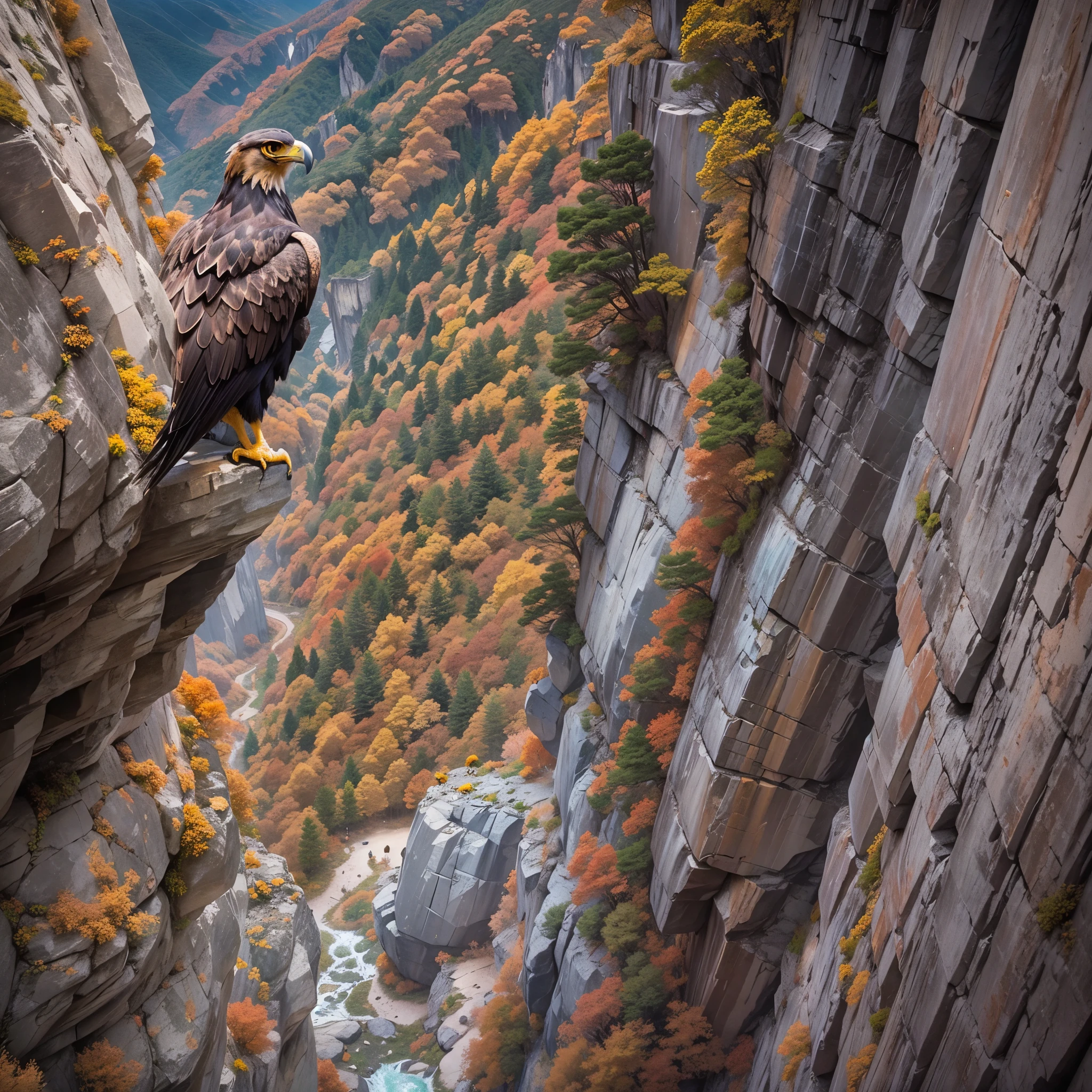 golden eagle, lair, cliff, mountain peak, bird's eye view, Fukaya, crack in rock, 雄伟的mountain peak, golden eagle幼崽