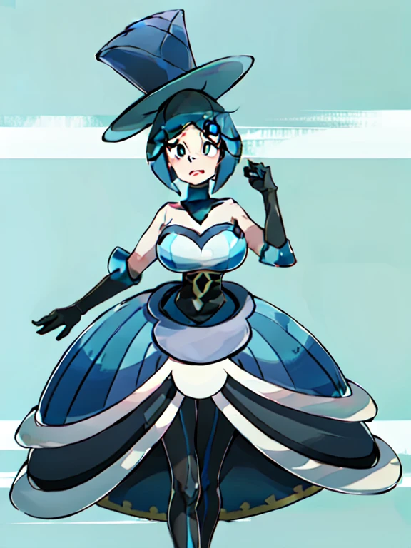 FostersStyle, masterpiece, abstract background, sfw, massive tits, AAEVELYN,EYELASHES,BLUE EYES,BLUE HAIR,SHORT HAIR,TOP HAT,DRESS,BLACK GLOVES,ELBOW GLOVES,BLACK PANTYHOSE,HIGH HEELS