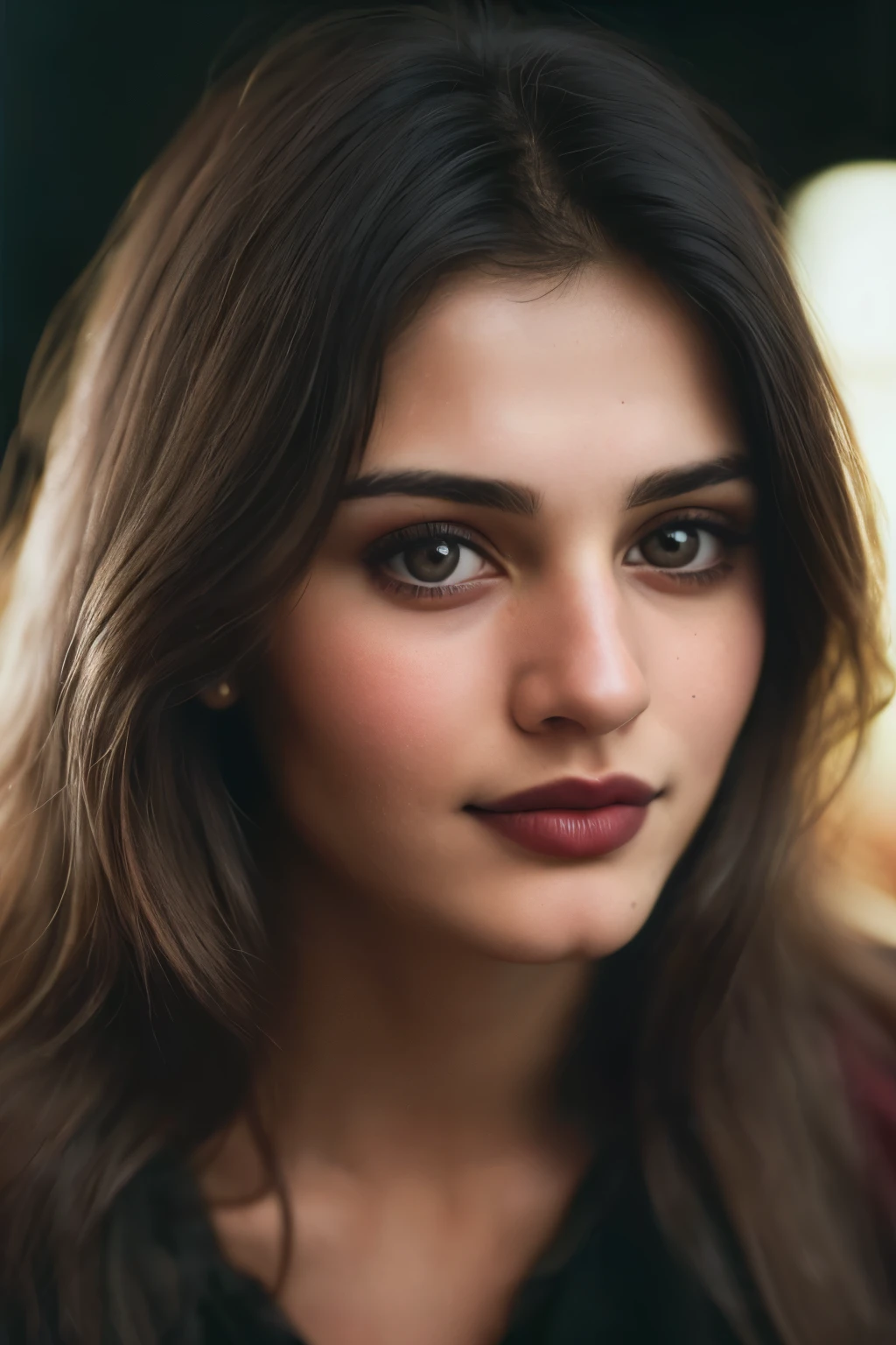 (close-up, editorial photograph of a 21 year old white skinned beautiful Pakistani woman), (highly detailed face:1.4) (smile:0.7) (background inside dark, moody, private study:1.3) POV, by lee jeffries, nikon d850, film stock photograph ,4 kodak portra 400 ,camera f1.6 lens ,rich colors ,hyper realistic ,lifelike texture, dramatic lighting , cinestill 800, a small minute mole below lips at the left chin., defined jaw line and dimple on cheeks