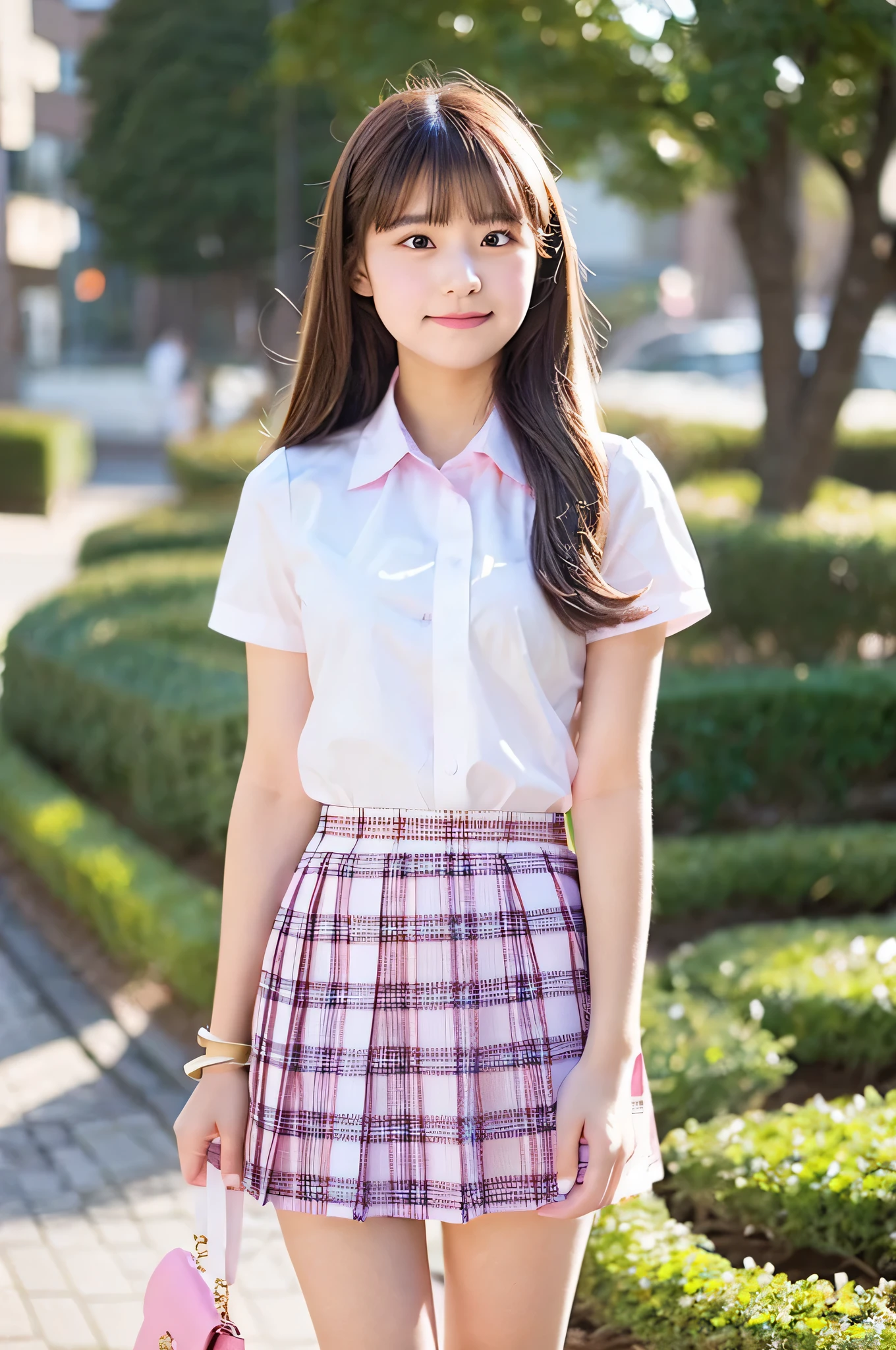 An 18-year-old high school girl wearing a very short pink plaid skirt and white dress shirt..