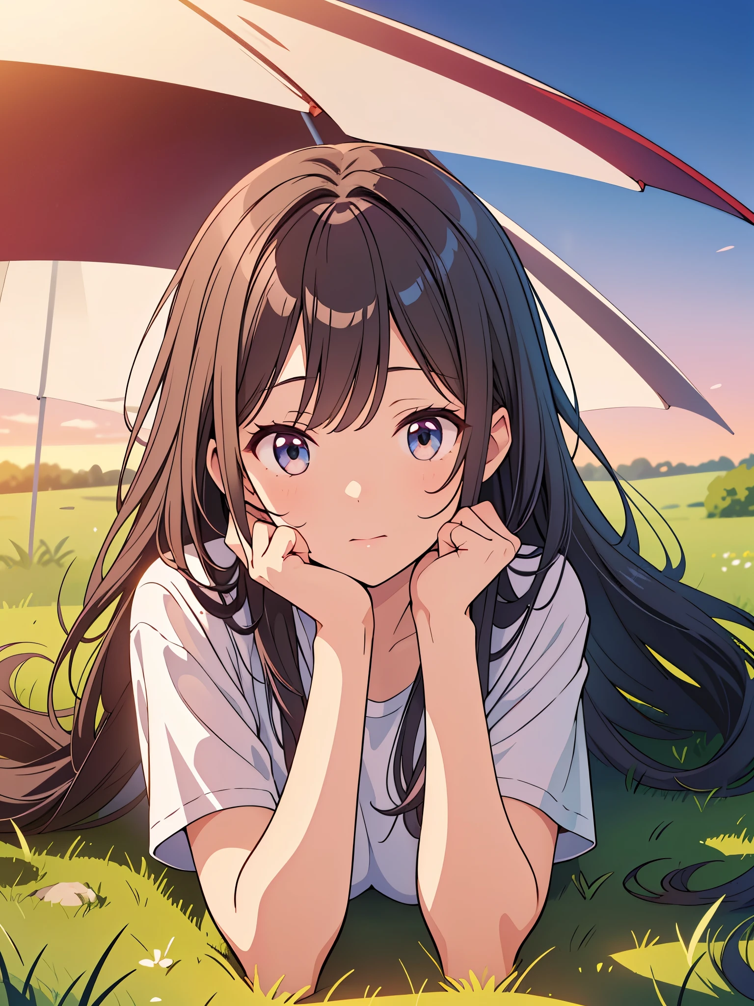 ( highres, ultra detailed, realistic, )(解剖学正确), 1 girl,long black hair, wind blow,pink white stripe T-shirt, lying on the grass, black eyes looking at the sky, sunset sky background, ultra - detailed, best quality, Detailed diagram, vectorized, 8K, Graphic design, vector lines, Full-HD,仰视角度