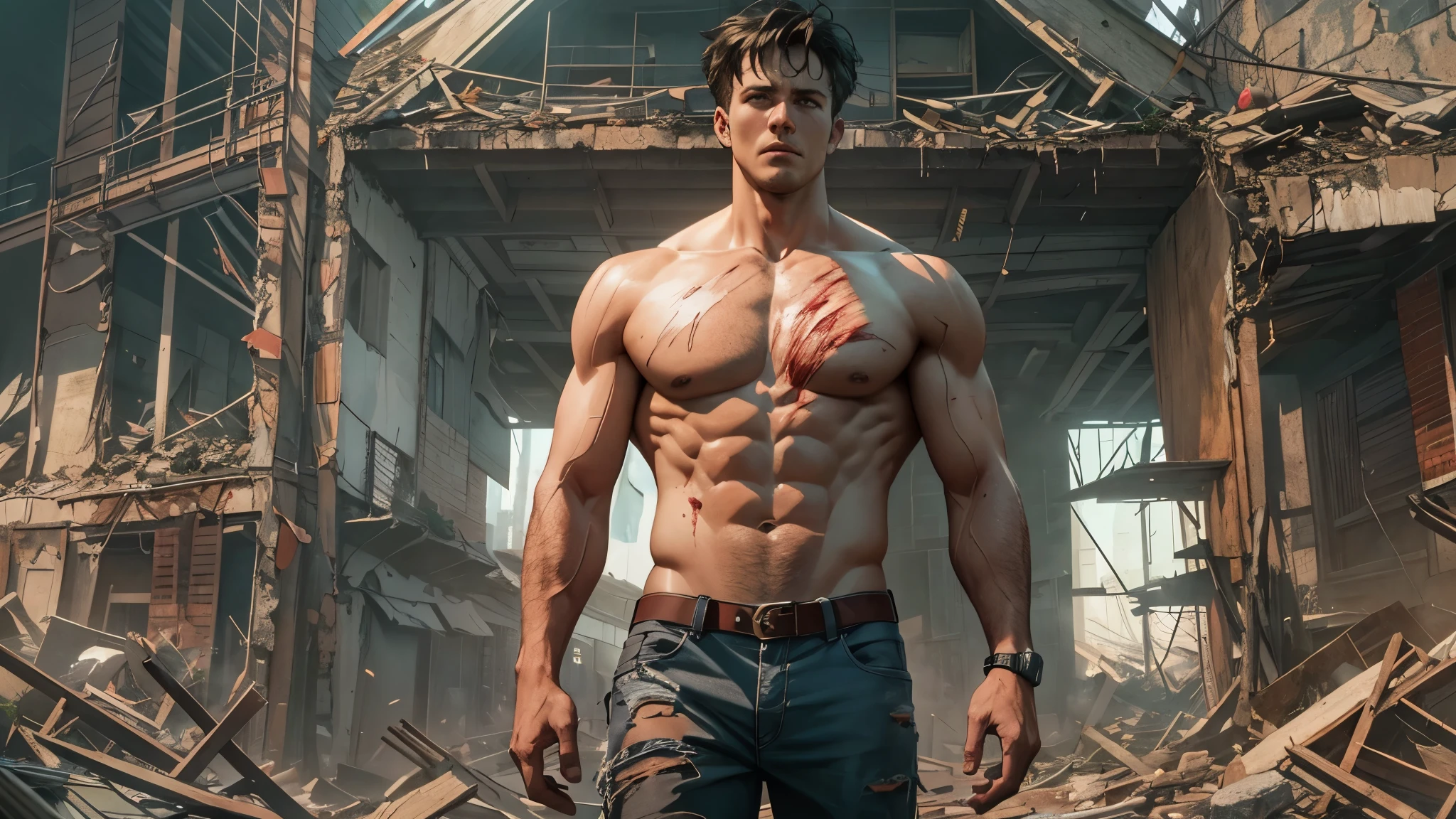 Capture the gory, bloody moment as a skinny bruce banner only wears ripped shorts around the remains of a building turned to rubble by an explosion. This RAW masterpiece showcases an ultra-high resolution, photorealistic full-body portrait, illuminated by the warm glow of sunlight. The scene is rendered in the captivating style of mecha sci-fi anime, boasting an impressive 8K resolution for the best quality imagery. Crafted with Unreal Engine 1.4, this piece features ultra-realistic 64K CG, skin texture at 1.4, and volumetric fog to add depth and atmosphere. The details are further enhanced with 8K UHD, DSLR quality, film grain, and the artistic touch of lomography. The result is a stunning blend of high-quality visuals, translucent effects, and photorealism that truly captivates the viewer.