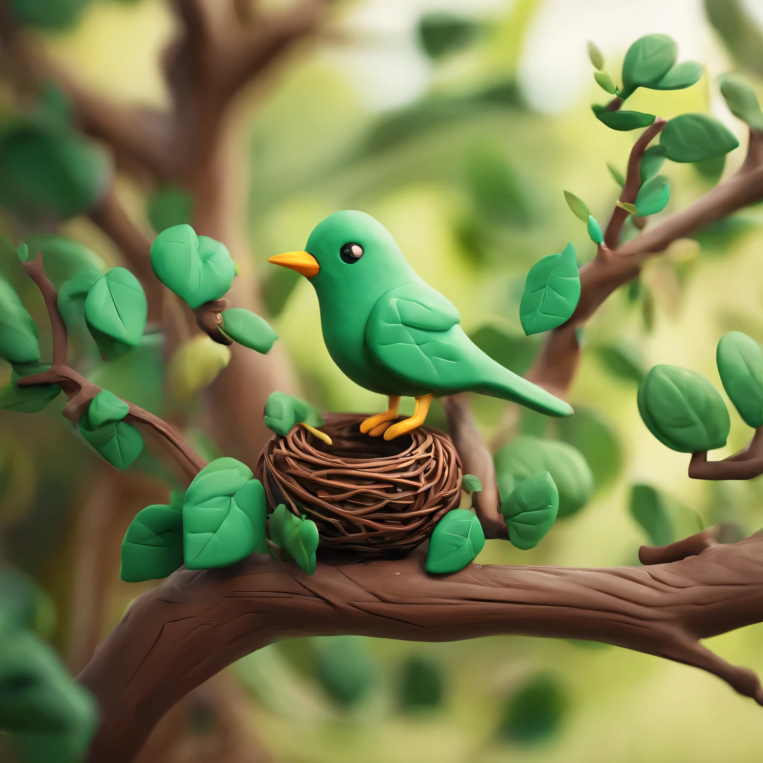 Nests,Green leaves and branches,bird perched on branch,clay material, Cartoon design style, Bubble Mart, soft light, smooth lines, tilt shift lens, Detailed science fiction illustration, surreal details, warm color