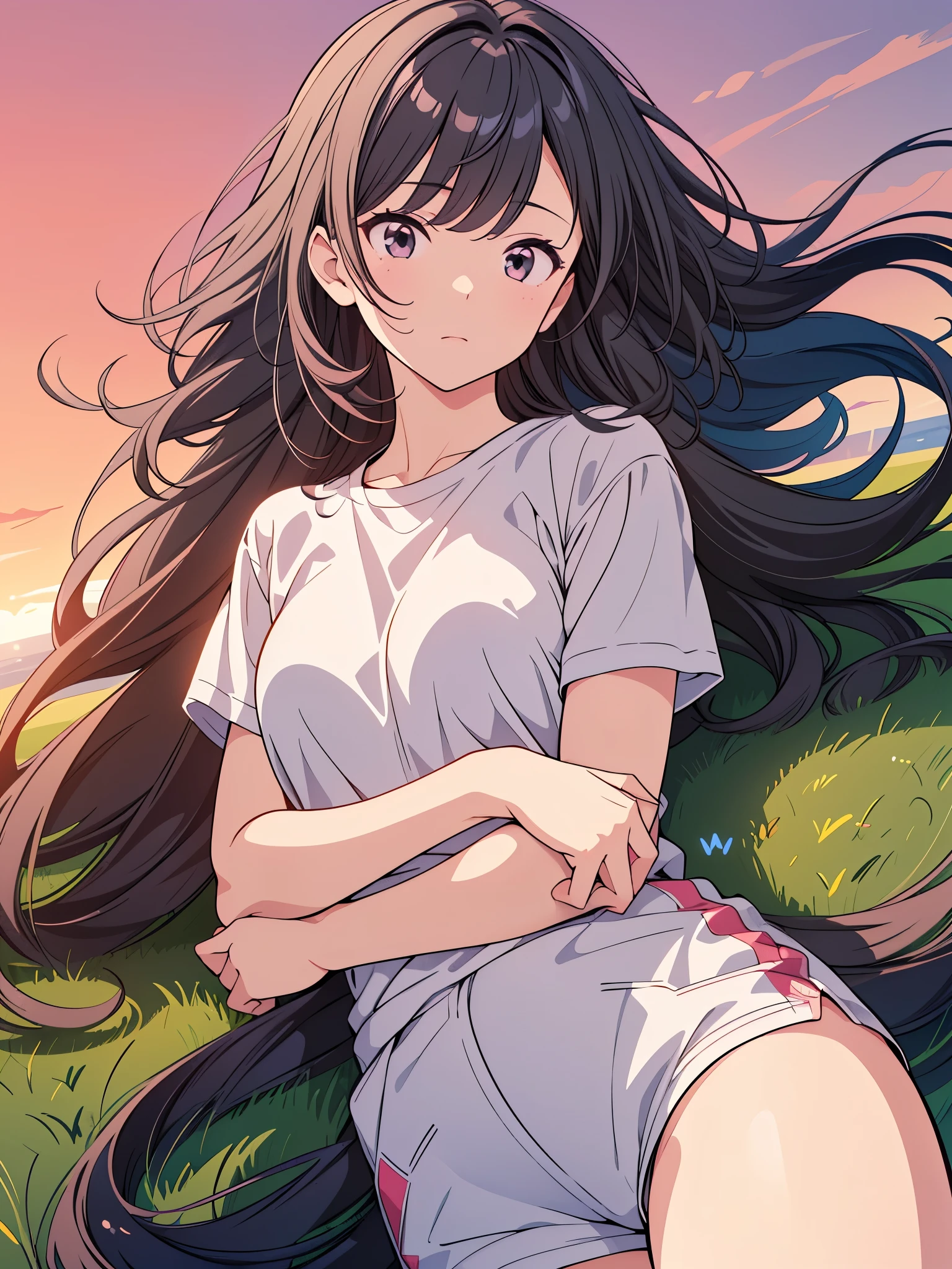 ( highres, ultra detailed, realistic, )(解剖学正确), 1 girl,long black curly hair, wind blow,pink white stripe T-shirt, lying on the grass, black eyes looking at the sky, sunset sky background, ultra - detailed, best quality, Detailed diagram, vectorized, 8K, Graphic design, vector lines, Full-HD,仰视角度