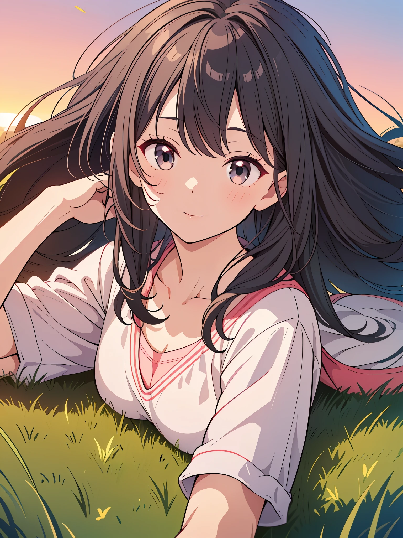 ( highres, ultra detailed, realistic, )(解剖学正确）, 1 girl,long black curly hair, wind blow，pink white stripe T-shirt, lying on the grass, black eyes looking at the sky, sunset sky background, ultra - detailed, best quality, Detailed diagram, vectorized, 8K, Graphic design, vector lines, Full-HD,仰视角度