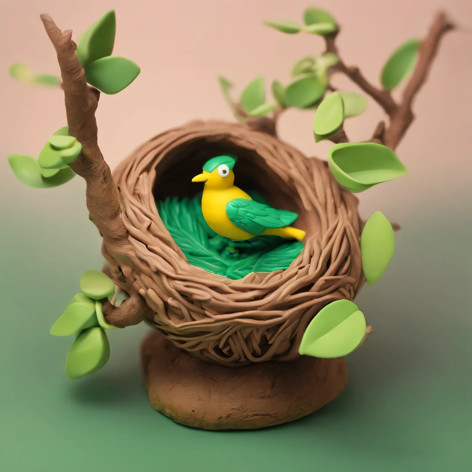 Nests，Green leaves and branches，bird perched on branch，clay material, Cartoon design style, Bubble Mart, soft light, smooth lines, tilt shift lens, Detailed science fiction illustration, surreal details, warm color