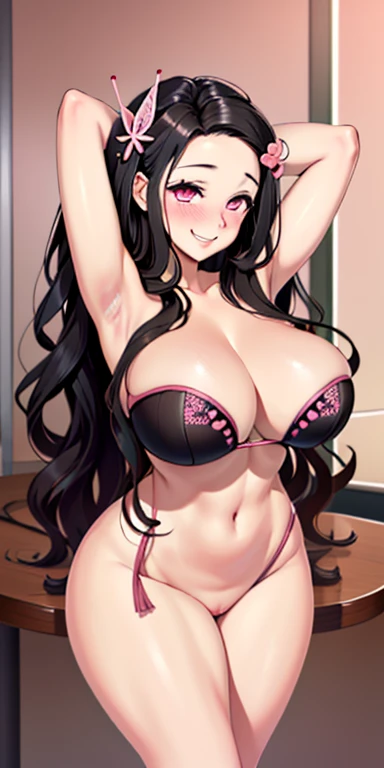 1girl, solo, black hair, butterfly hair ornament, (completely naked), large breasts, arms up,cleavage, thighs, cafe background, (blushing:1.3),pink eyes, Nezuko Kamado, smiling, standing, realistic eyes, perfect shaped beautiful body