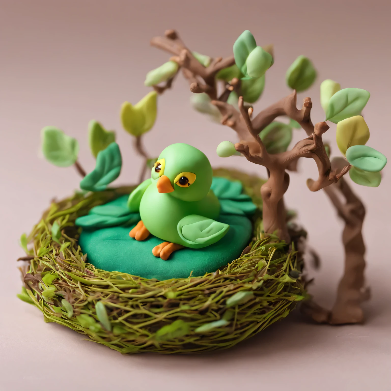 Nests,Green leaves and branches,bird perched on branch,clay material, Cartoon design style, Bubble Mart, soft sunshine, smooth lines, tilt shift lens, Detailed magic illustrations, surreal details, warm color