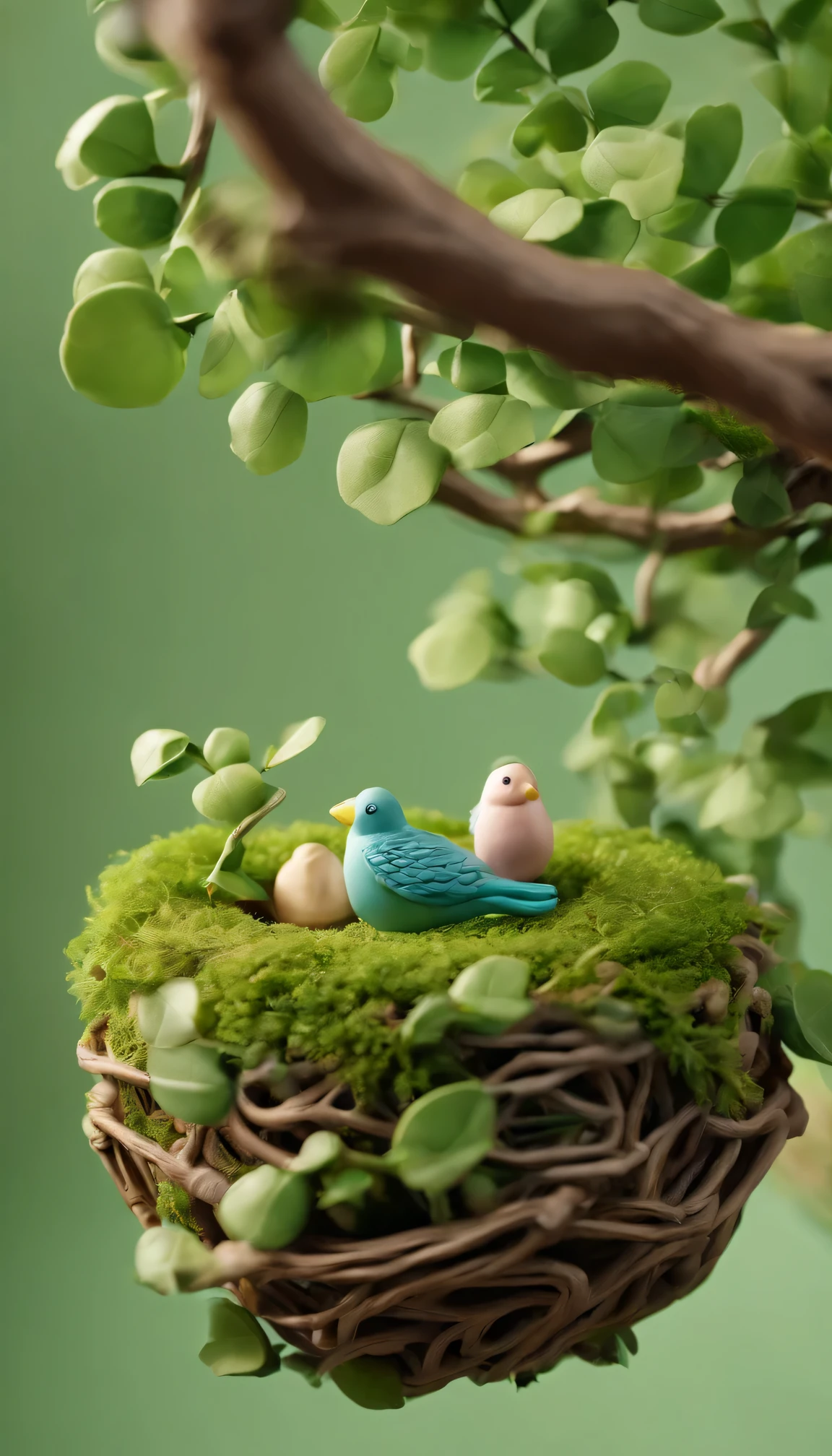 Nests,Green leaves and branches,bird perched on branch,clay material, Cartoon design style, Bubble Mart, soft sunshine, smooth lines, tilt shift lens, Detailed magic illustrations, surreal details, warm color