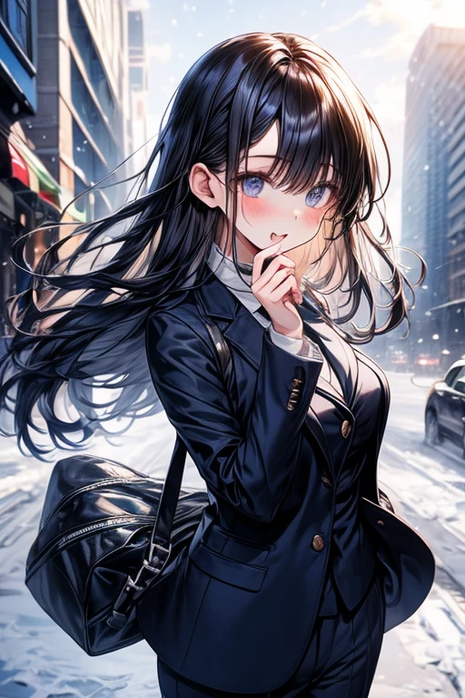 Japanese、black hair、shortcut、OL 、business suit、The jacket is white、masterpiece、最高masterpiece、highlight on eyes、hair is shiny、cute、in the city、one person、it's snowing、Tsundere