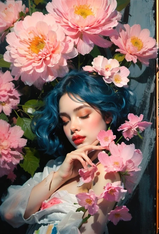 Calculated composition of the painting、Arianna's work andalas and flowers、(oil painting:1.5), (NSFW:1.2), a woman joyfully twirling in the raining paint, paint raining, thick paint rainbow hair, body covered with paint, joyful, ((sfw)), calm facial expression, relaxed, gentle smile, (clothes made of liquid paint)), front view, ((small breasts, relaxed face, relaxed shoulders)), ((dynamic pose)), liquid details, correct anatomy, both arms visible, ((top-quality, 8K)), (Realistic), (Face Focus: 1.1), (blue and pink: 1.3), Kawaii Girl, short-hair, Hair fluttering in the wind, Facing to the side, Look up at your face, Eyes closed, (Sleeveless: 1.1)、Skirt, D Cup Breasts, Countless soap bubbles,