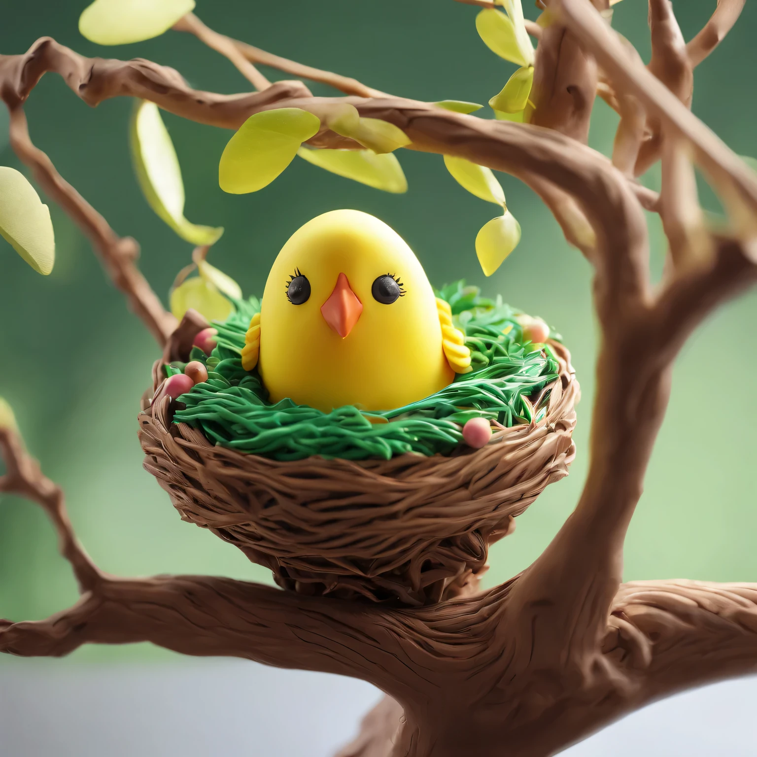 Nests,Bird eggs,Green leaves and branches,bird perched on branch,clay material, Cartoon design style, Bubble Mart, soft sunshine, smooth lines, tilt shift lens, Detailed magic illustrations, surreal details, warm color