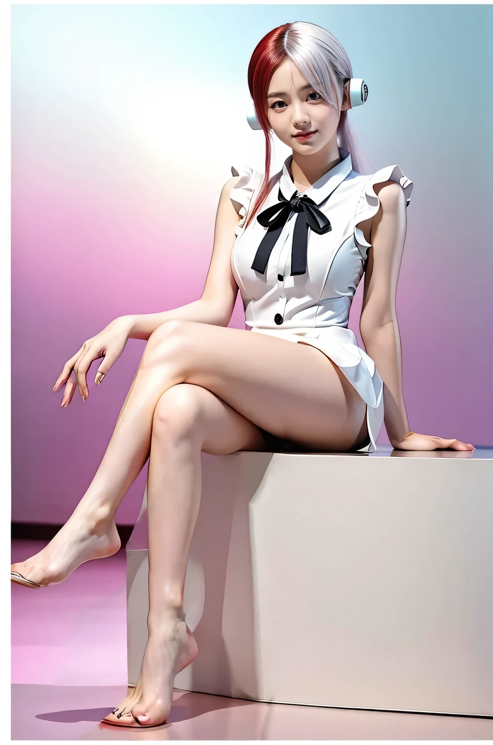 (uta onepiece,uta,cosplayer,idol uniform,short skirt,have a microphone,Singing),bare feet,in the stage,model pose,(masterpiece,best quality:1.4),(8k,raw photo,photo realistic:1.2),detailed skin,detailed face,detailed eyes,delicate facial features,(full body,wide shot),kawaii,Detailed Thighs,(Japanese idol),beautiful face,(long legs,small feet),big smile,
