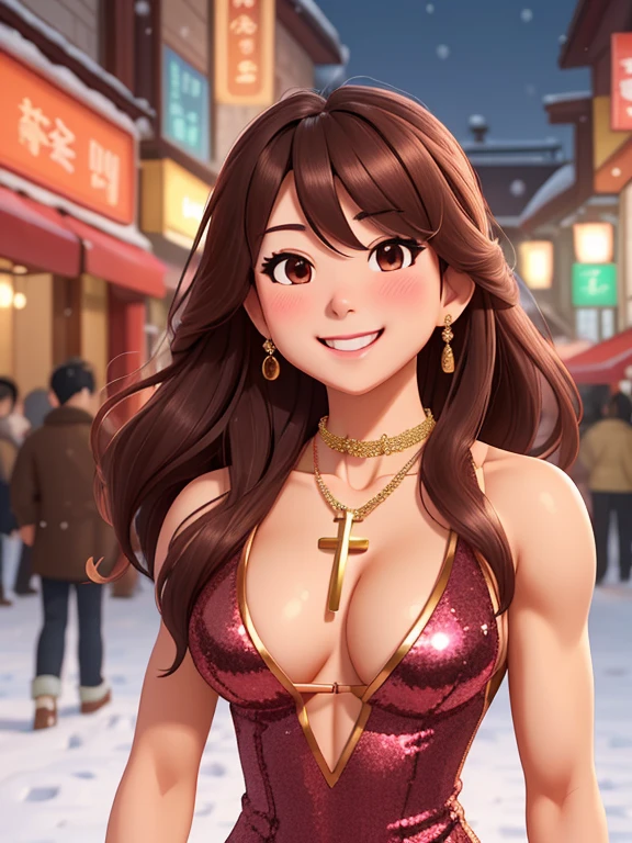 attractive korean woman, ripped muscle, muscular body, small breast, tan skin, smile(blush), sequins slit dress, cross necklace, sixpack abs, [ultra detailed skin:1.2], brown hair, long wavy hair, 8k uhd, full body, crowd, public, snow, standing,