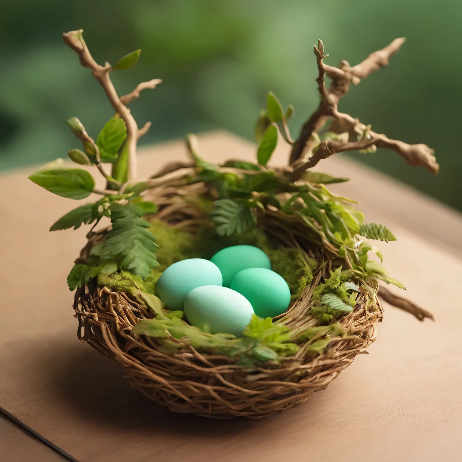 Nests,Bird eggs,Green leaves and branches,鸟栖息在Nests上,clay material, Cartoon design style, Bubble Mart, soft sunshine, smooth lines, tilt shift lens, Detailed magic illustrations, surreal details, warm color