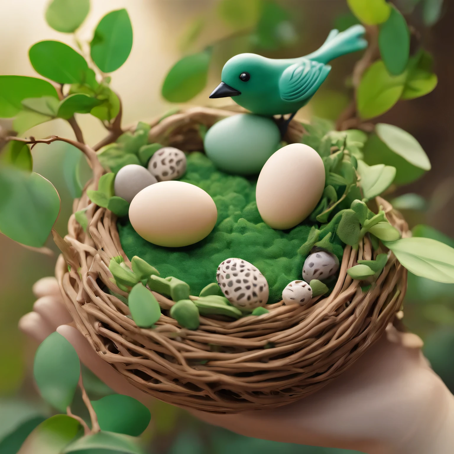 Nests,Bird eggs,Green leaves and branches,clay material, Cartoon design style, Bubble Mart, soft sunshine, smooth lines, tilt shift lens, Detailed magic illustrations, surreal details, warm color