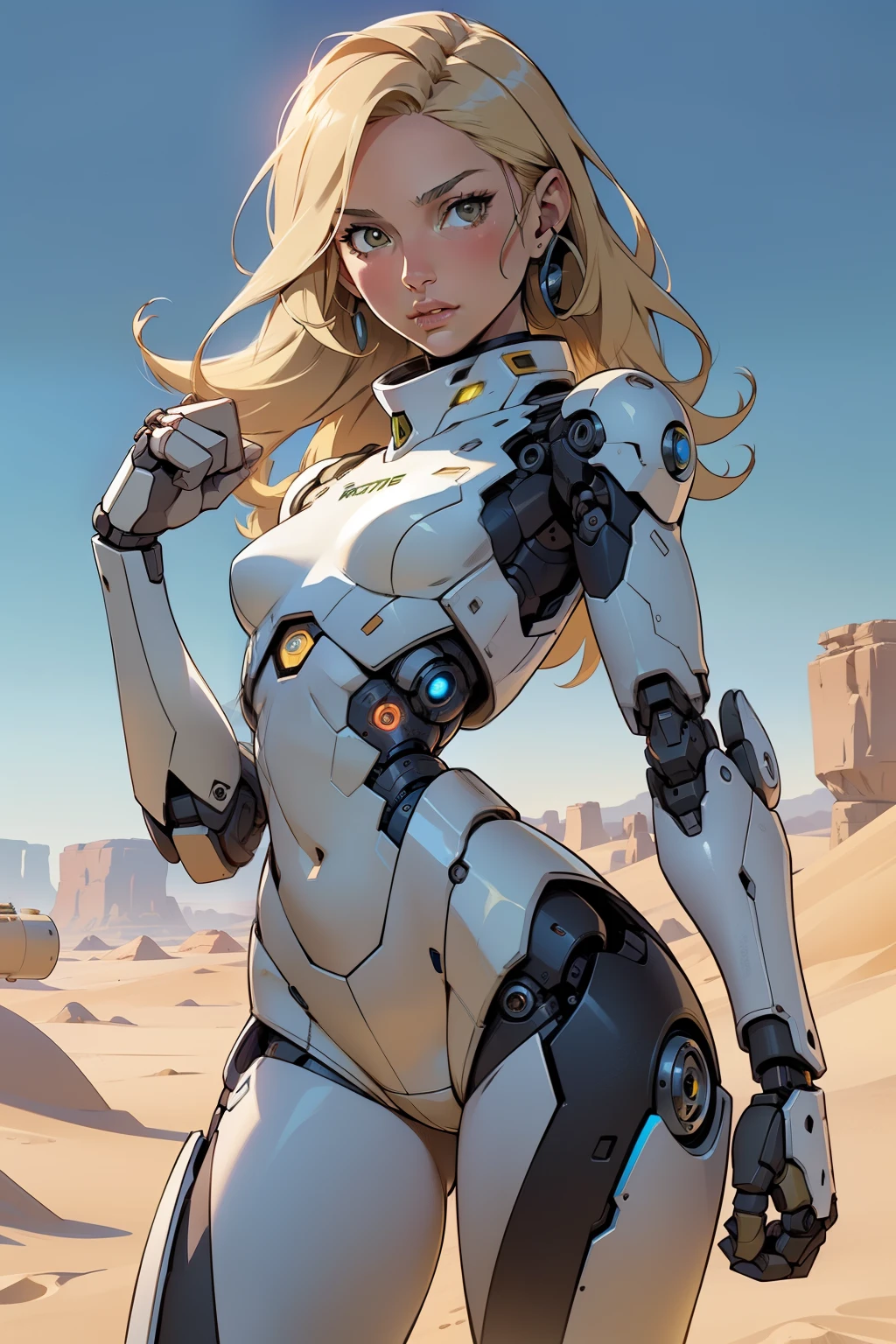high quality, 4k, masterpiece, beautiful, cyborg girl, cowboy shot, dull eyes, looking at viewer, long blonde hair, girl, small breasts, fit thigh, robotic arms, robotic body, cyborg body, yellow accent, intricate detail, joint, detailed lines, robotic detail, holding fist up, holding hand up as fist, color robotic parts, robotic parts with color, perfect fingers, on a desert planet, sunny background, colorful desert,