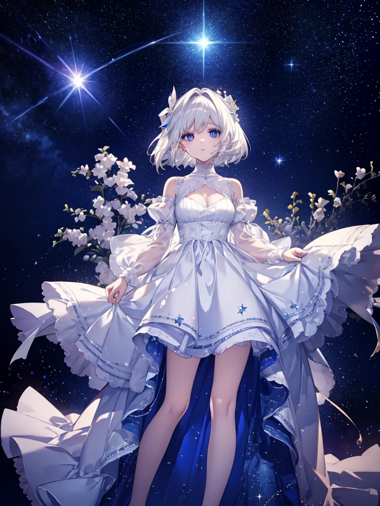 white hair girl，Starry sky colored eyes，Wearing a dress made of stars