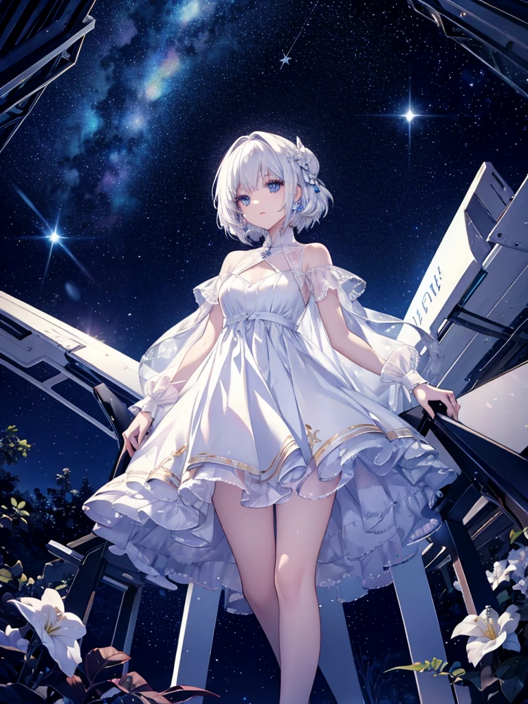 white hair girl,Starry sky colored eyes,Wearing a dress made of stars