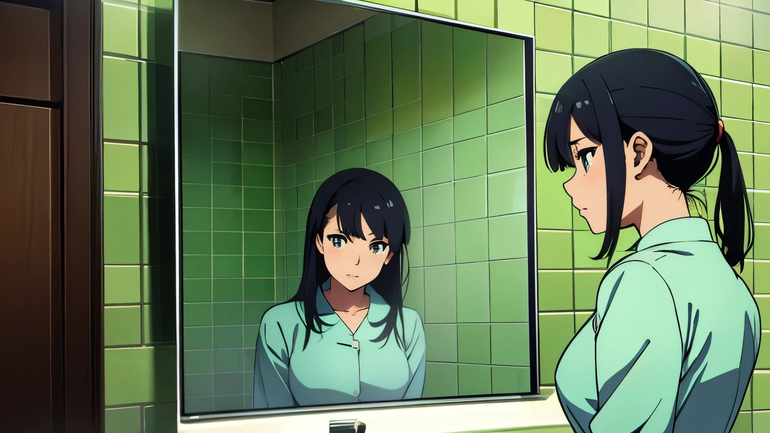 manga aesthetic, a latin girl in stands in profile in green tiled bathroom. She looks in the mirror with a doubtful expression on her face, her reflection has a confident expression. 