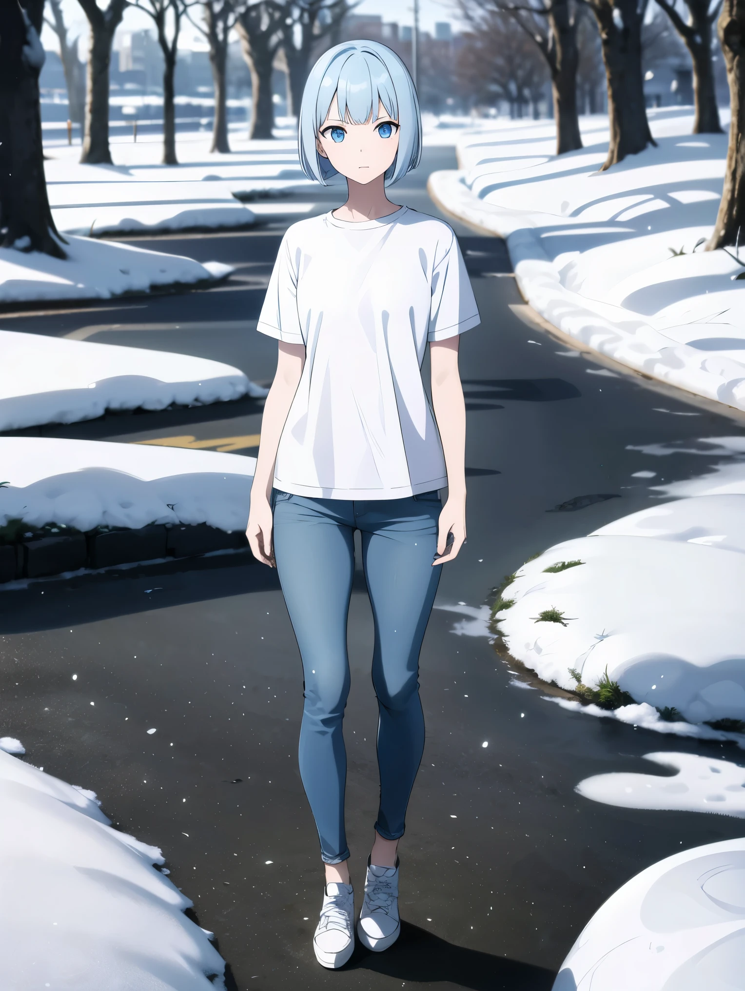 outdoors, snow forest, full_body, blue palete, absurdres, high quality, highres BREAK 1girl, solo, super pale skin, life-size-body, young, thin, skinny, light blue hair, bangs, bobcut, detailed face BREAK plain white t-shirt, blue denim short, all-white shoes
