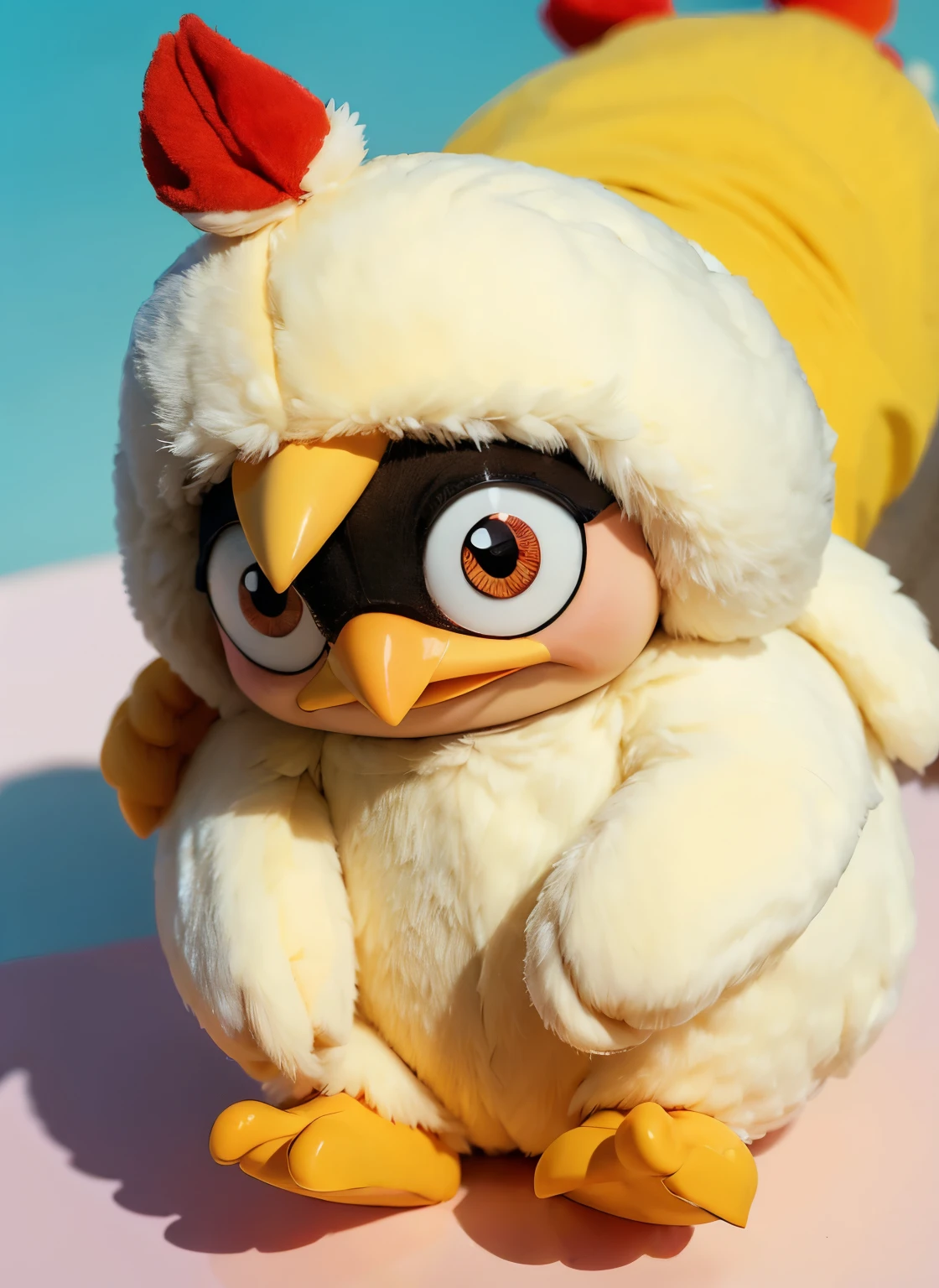 ￼Cute cartoon character wearing a chicken hat，2D，flat style，Chick clothes，mascot，可爱的mascot（Very detailed wallpaper）