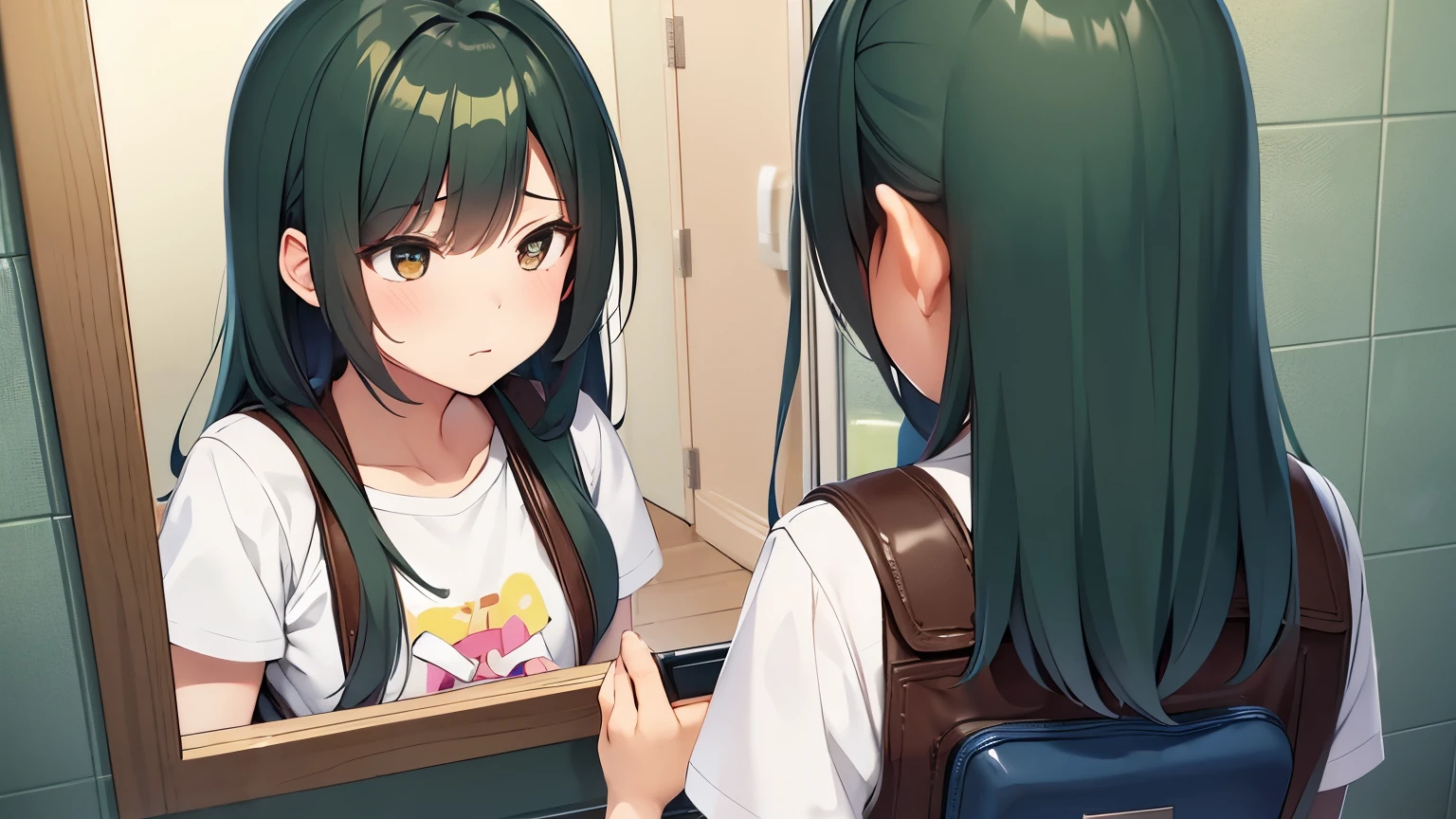 manga aesthetic, a latin girl in  stands in green tiled bathroom. She looks in the mirror with a doubtful expression on her face, her reflection has a confident expression. Her open backpack is fallen on the floor with notebooks, penils, a teddy bear