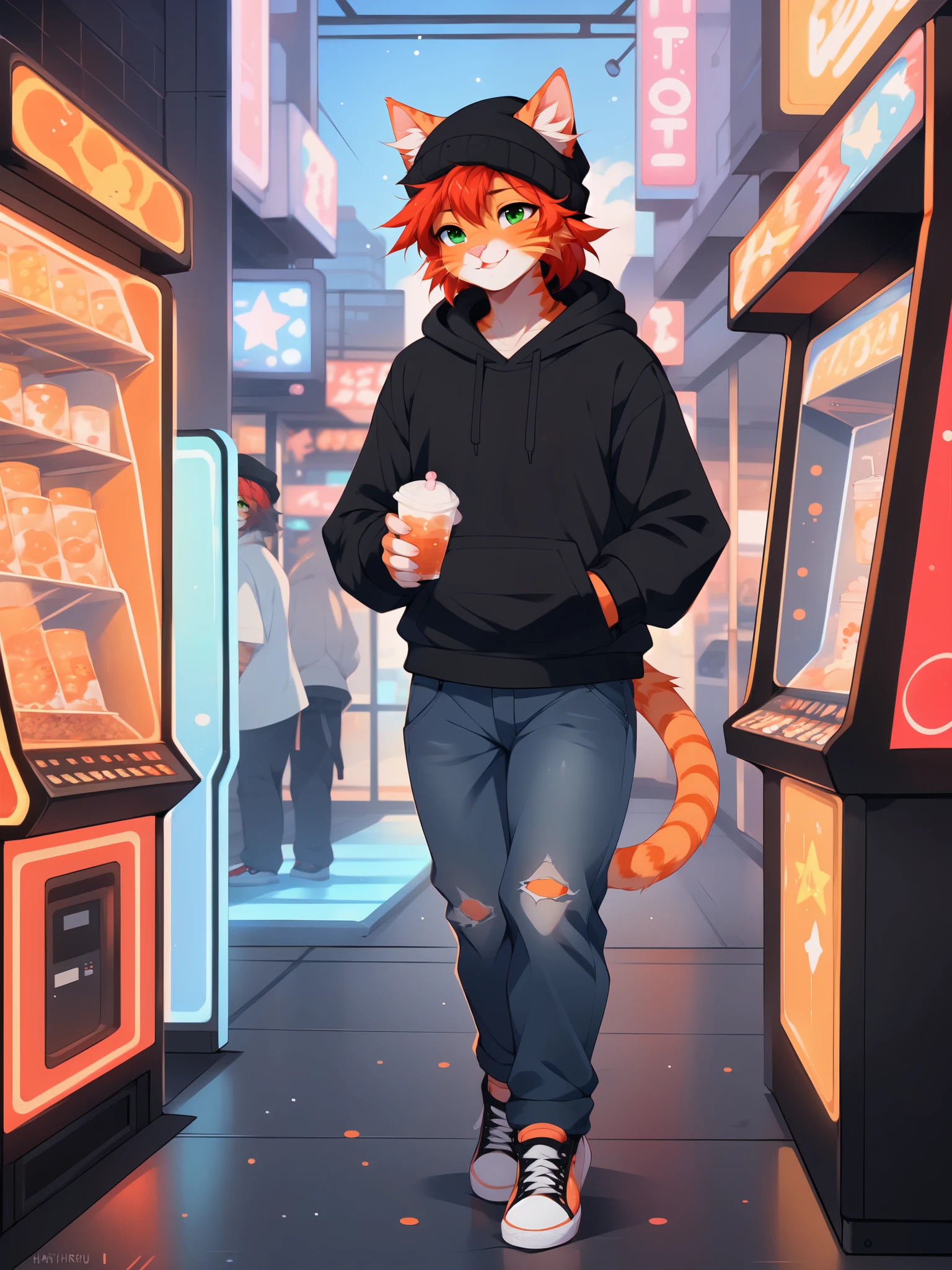 By hioshiru, by fumiko, by hyattlen, Sam, orange tabby cat male, male cat, green eyes, shaggy red hair, pink nose, cat ears, black beanie, black hoodie, jeans, converse shoes, in an arcade, holding boba, happy, walking, one hand in pocket,