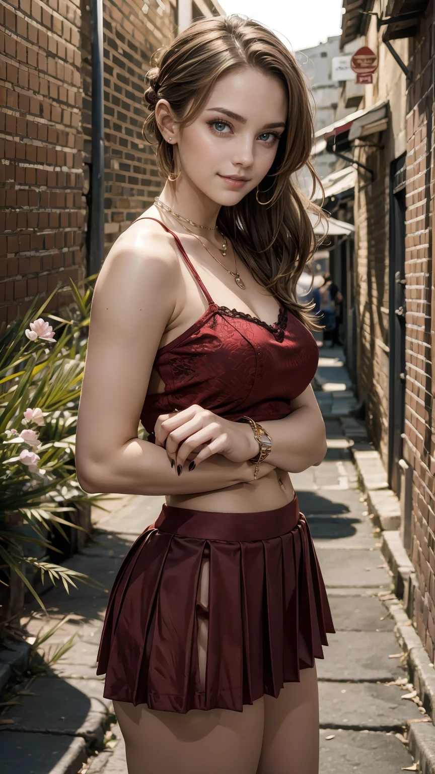 25-year-old Caucasian woman、Hair color is brunette、blue eyes、long hair、my hair is wavy、hair up style、smile、Slender but well-proportioned feminine body、wearing red nail polish、wearing a camisole、I'm wearing a mini-length pleated skirt、Wearing accessories on your wrist、wearing a chain necklace、arms crossed、Standing proudly in the middle of an alley in the old city
