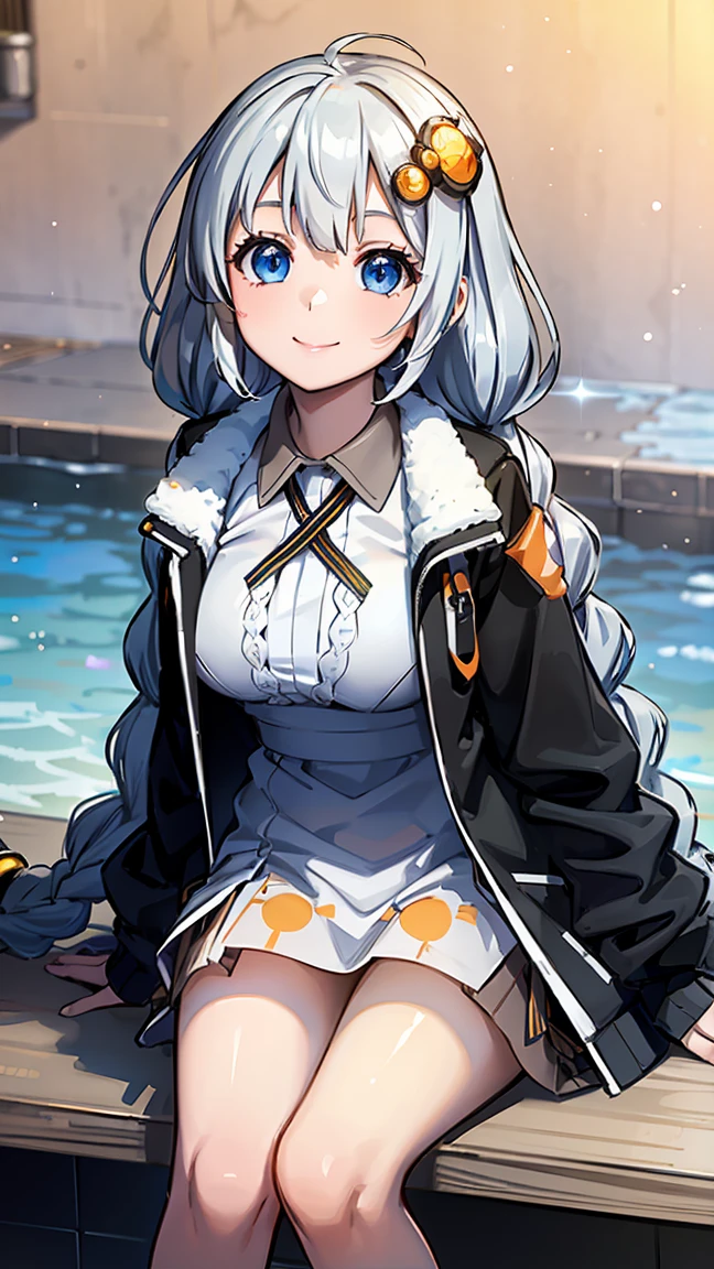 Vivid colors, ultra-realistic shading, ultra-detailed, spectacular view, beautiful transparency, ultra-high quality, extended, ((layer added 2.7)), vivid, ultra-bright colors 1.5, (high-definition CG unity 8k wallpaper: 1.3 ), beautiful ultra-sensitive art concept illustration, center color: 1.2 , (logic frenzy), [ultra-detailed skin], glossy light, lens flare 1.7, (backlight 0.9), Extremely close-up, slight bokeh , 1 girl, 1, k((((Akari Kizuna), (VOCALOID 1.2), (silver hair 1.2), (very long hair), (big braids 1.8), (round hair ornament), (blue eyes ), (eyeline 1.2)))), wearing a hat (cap), big black jacket, beautiful big eyes, sparkling eyes,outdoors,bench,sitting,smile,
