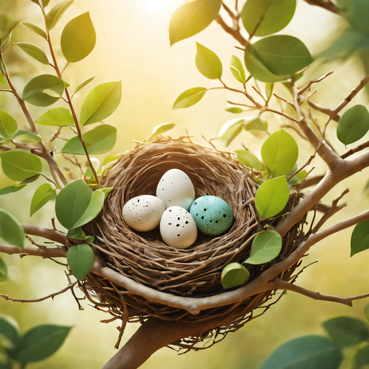 Nests,Bird eggs,Green leaves and branches,bird perched on branch,clay material, Cartoon design style, soft sunshine, smooth lines, tilt shift lens, Detailed magic illustrations, surreal details, warm color