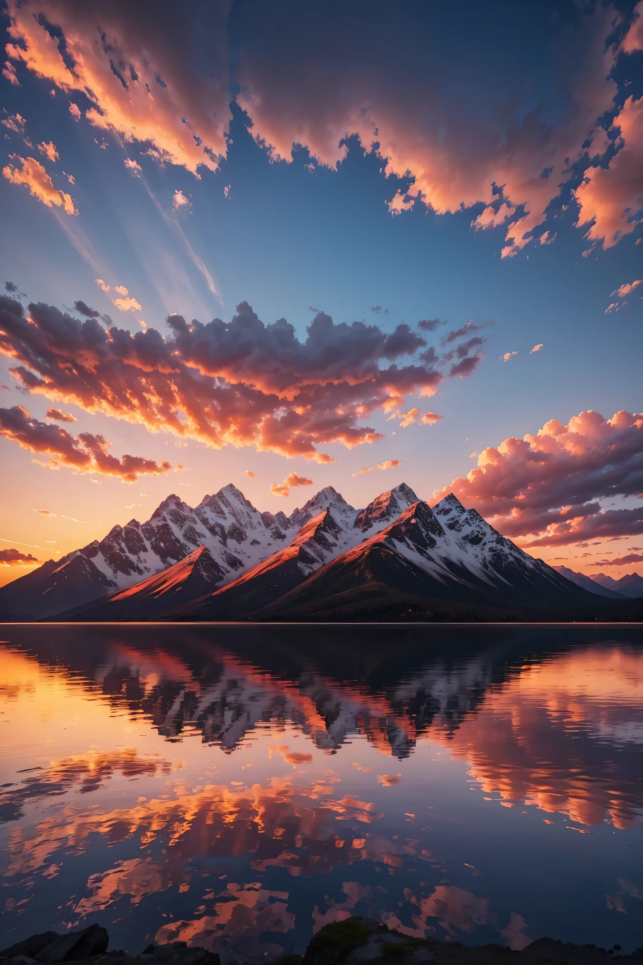 dusk，huge red sunset，Red sunset，The sunset covered half of the sun，The sunset fills the entire sky，Mountain peaks and white clouds are reflected on the lake，Detailed 4K digital art，Impressive fantasy scenery，