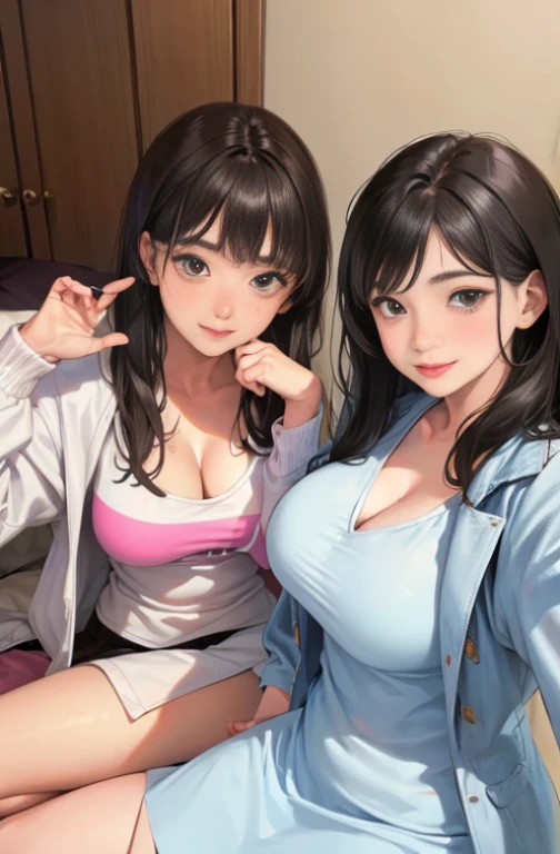 Realistic, 2 girls, selfie, face sitting on extra large zoom bed, face enhancement, smile, looking up, looking here, cleavage emphasis