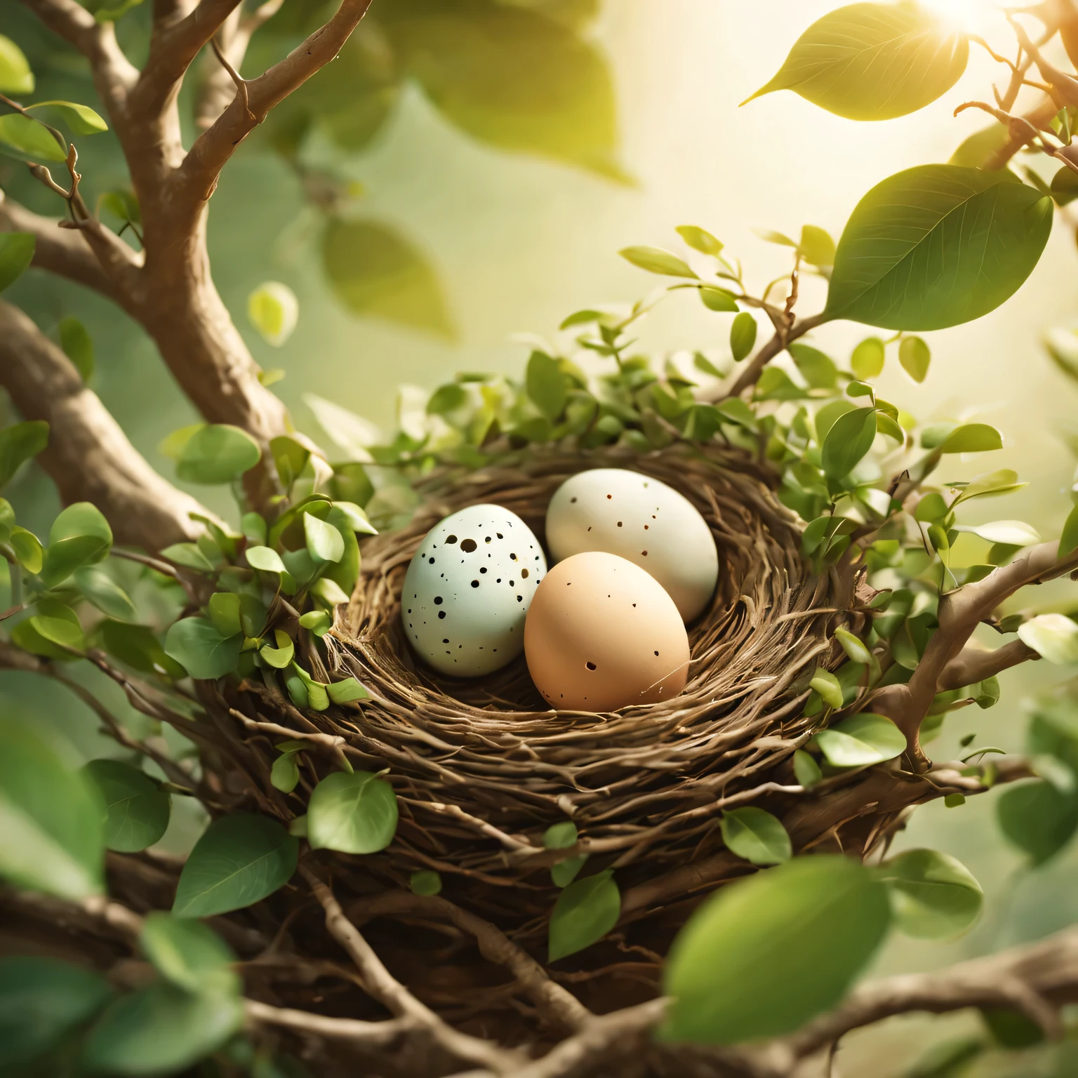 Nests，Bird eggs，Green leaves and branches，bird perched on branch，clay material, Cartoon design style, soft sunshine, smooth lines, tilt shift lens, Detailed magic illustrations, surreal details, warm color