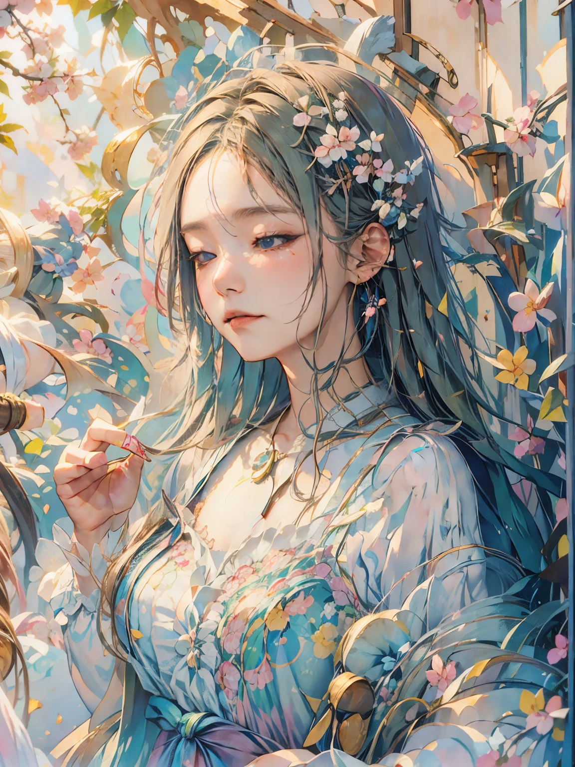 (best quality,highres,masterpiece:1.2),watercolor,woman with closed eyes,cherry blossoms,soft,tender,bokeh,Josephine Wall style,Takashi Murakami style,Boris Vallejo style