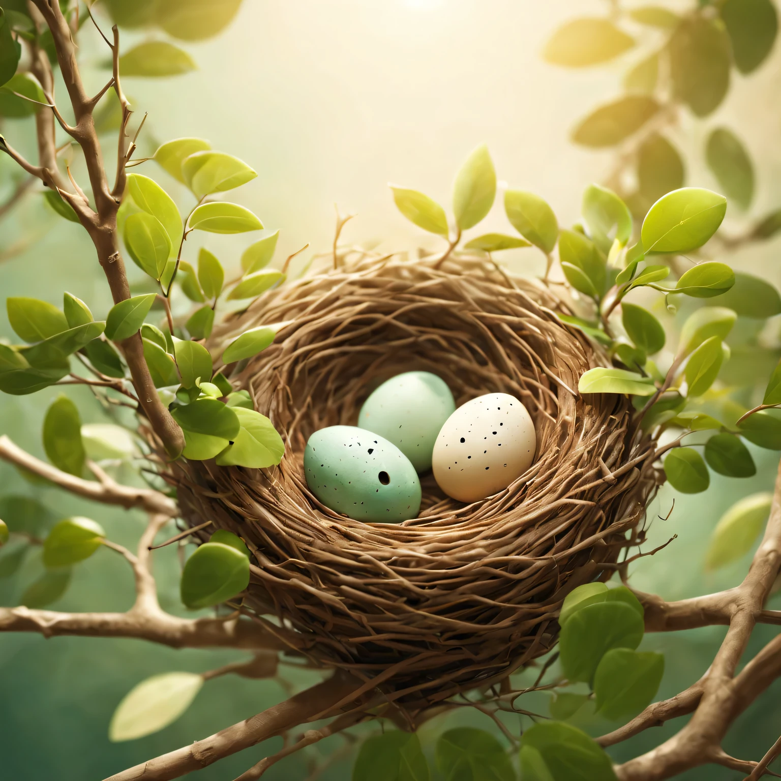 Nests，Bird eggs，Green leaves and branches，bird perched on branch，clay material, Cartoon design style, soft sunshine, smooth lines, tilt shift lens, Detailed magic illustrations, surreal details, warm color