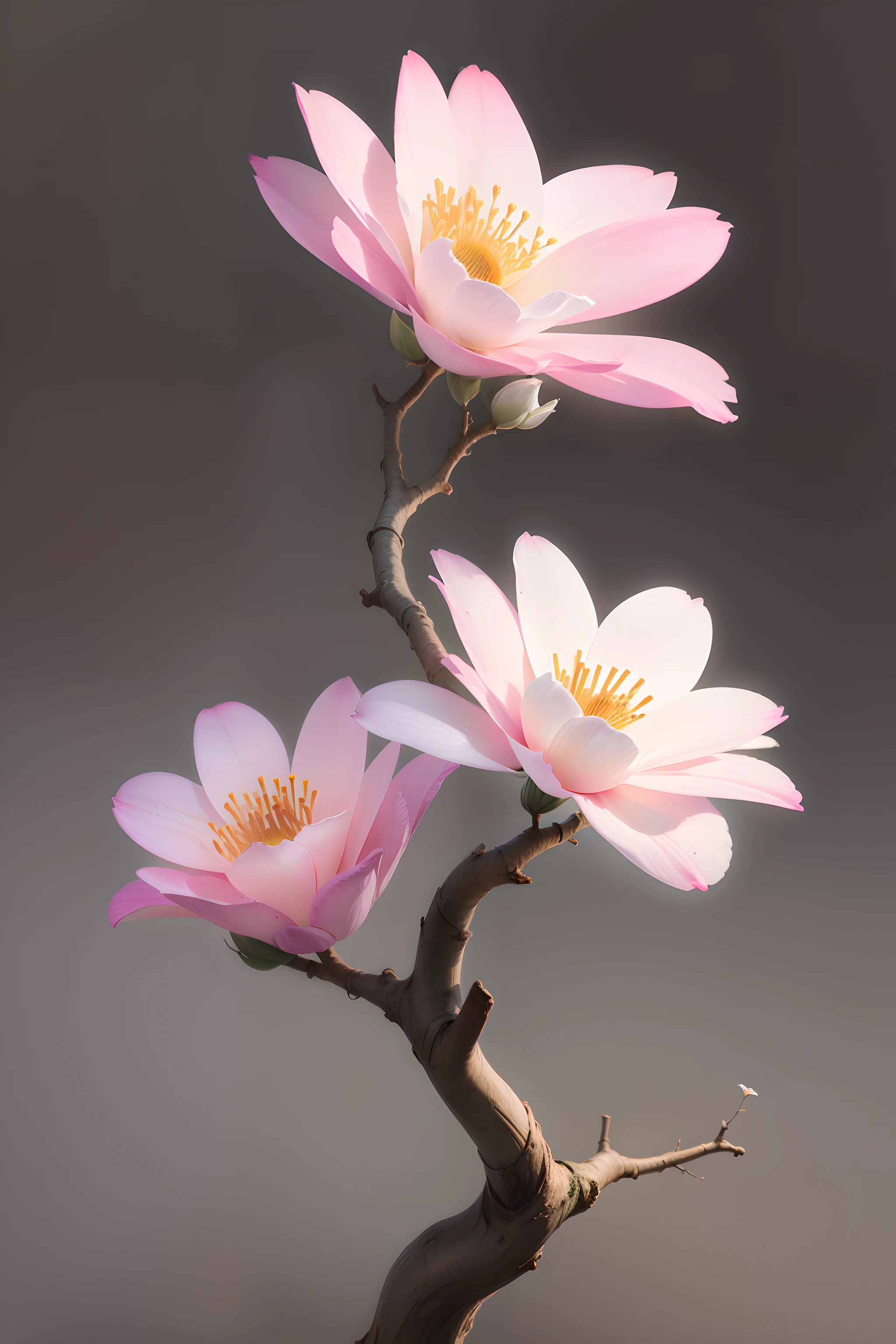 High quality blooming flowers on rough branches on gray background,simple light style background