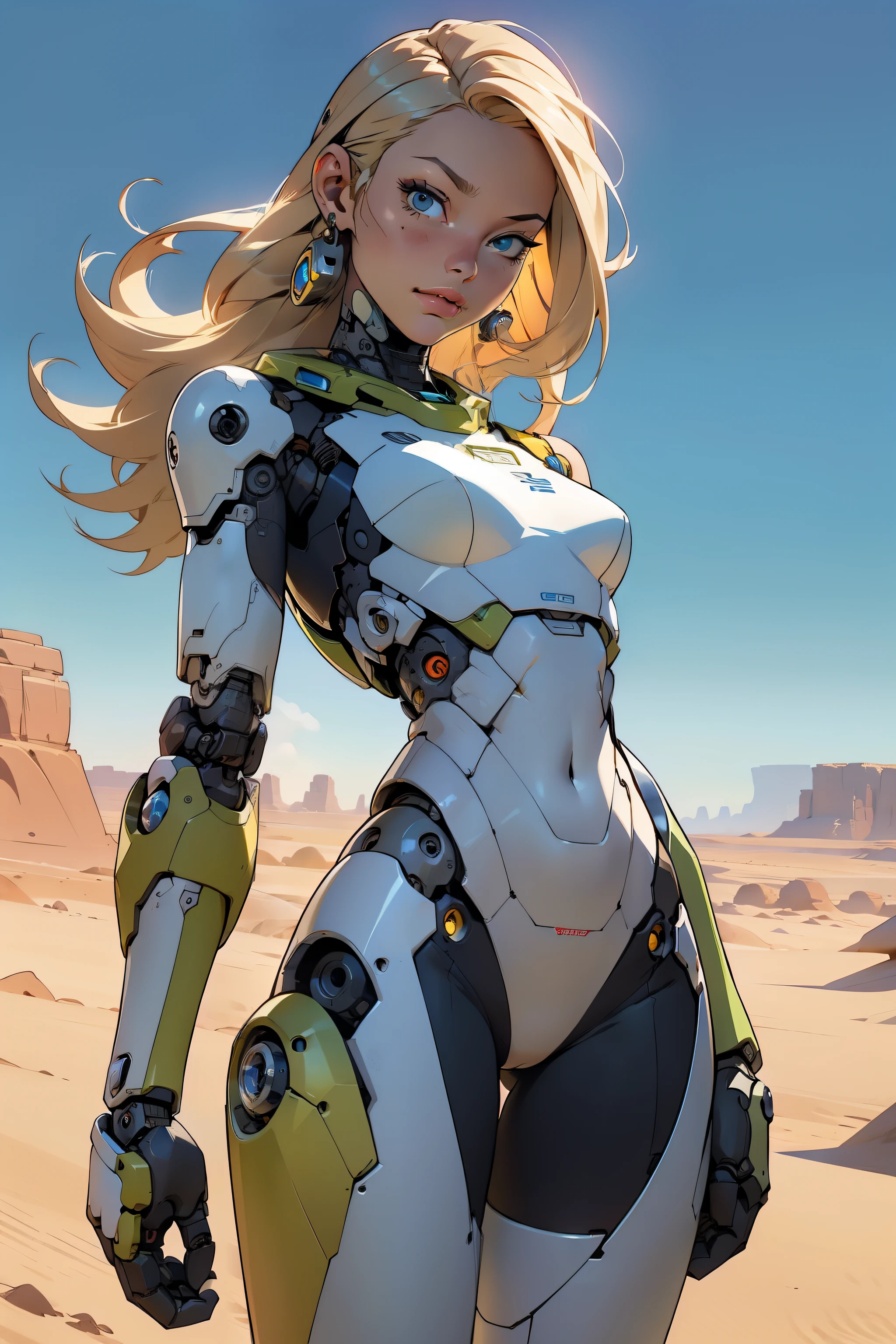 high quality, 4k, masterpiece, beautiful, cyborg girl, cowboy shot, dull eyes, looking at viewer, long blonde hair, girl, small breasts, fit thigh, robotic arms, robotic body, cyborg body, yellow accent, intricate detail, joint, detailed lines, robotic detail, holding fist up, holding hand up as fist, color robotic parts, robotic parts with color, perfect fingers, on a desert planet, sunny background, colorful desert,