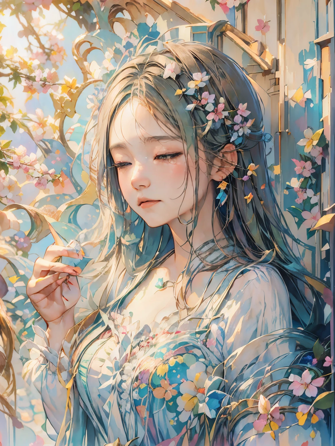 (best quality,highres,masterpiece:1.2),watercolor,woman with closed eyes,cherry blossoms,soft,tender,bokeh,Josephine Wall style,Takashi Murakami style,Boris Vallejo style