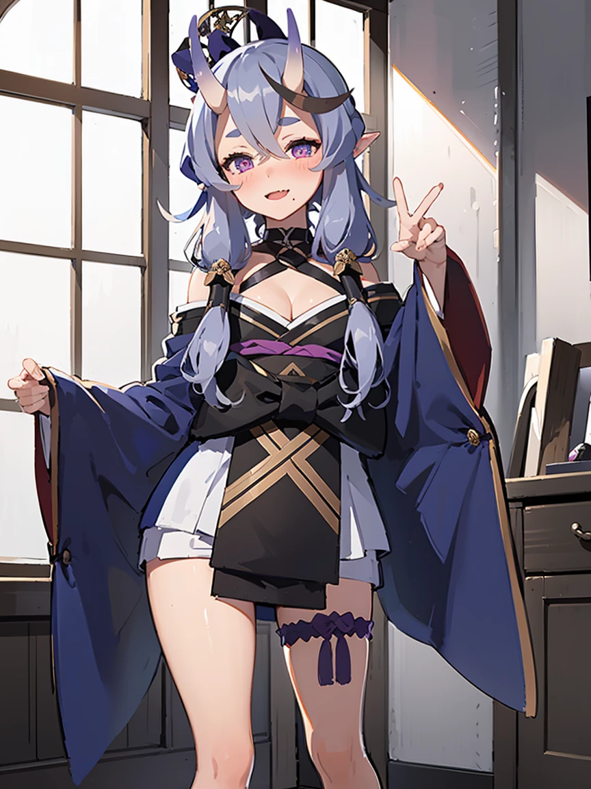 masterpiece, best quality, highres, aamikoto, low twintails, crescent hair ornament, bow, purple ribbon, short eyebrows, fang, off shoulder, purple kimono, short kimono, cleavage, sleeves past wrists, obi, sash, thigh strap, cowboy shot, standing, outdoors, smile, arms at sides, straight-on,(((nsfw,lift skirt))),looking viewer,