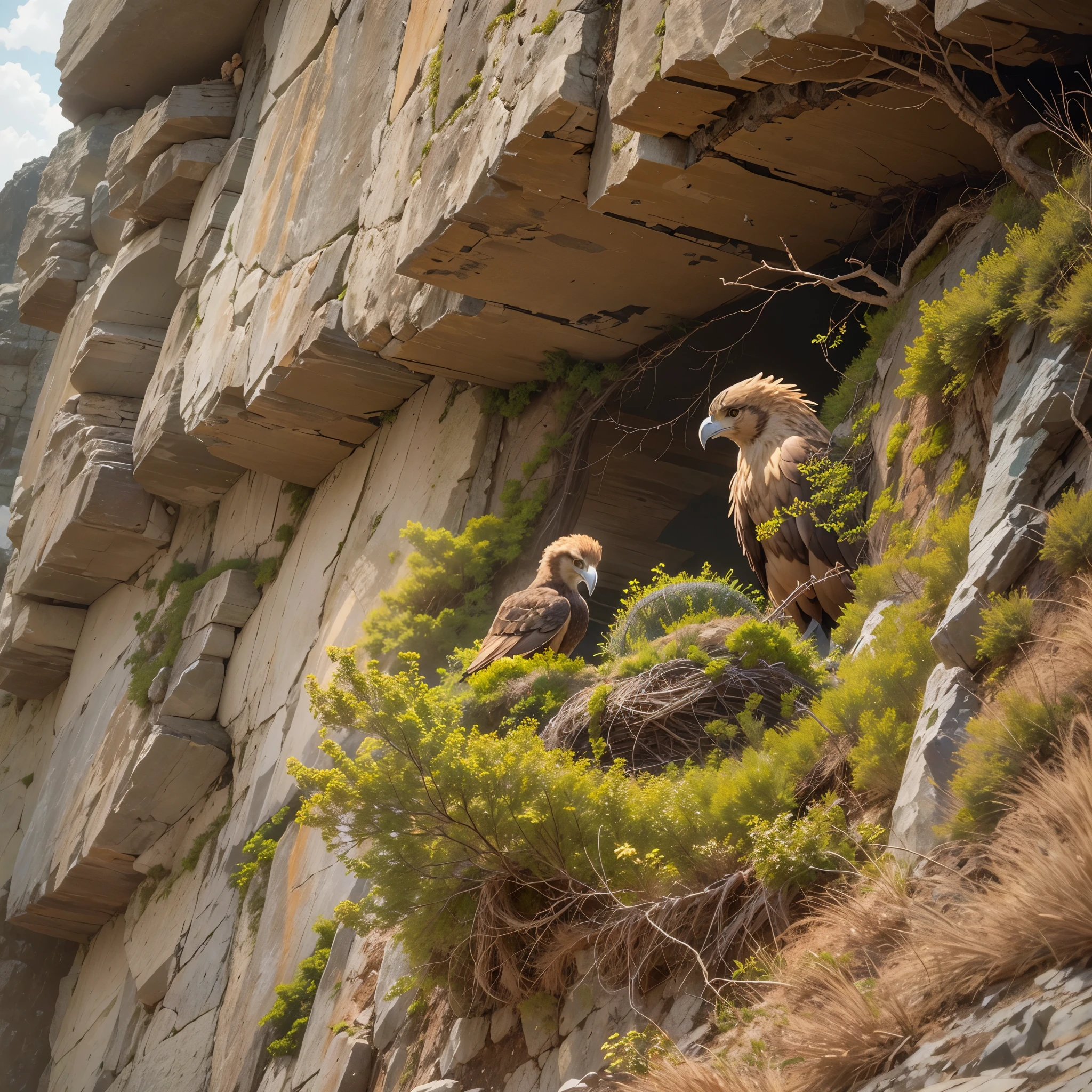 Hay woven nests located on steep cliff faces, Golden eagle cubs in the nest，Ultra-detailed，lifelike：1.37，Bright colors，soft light