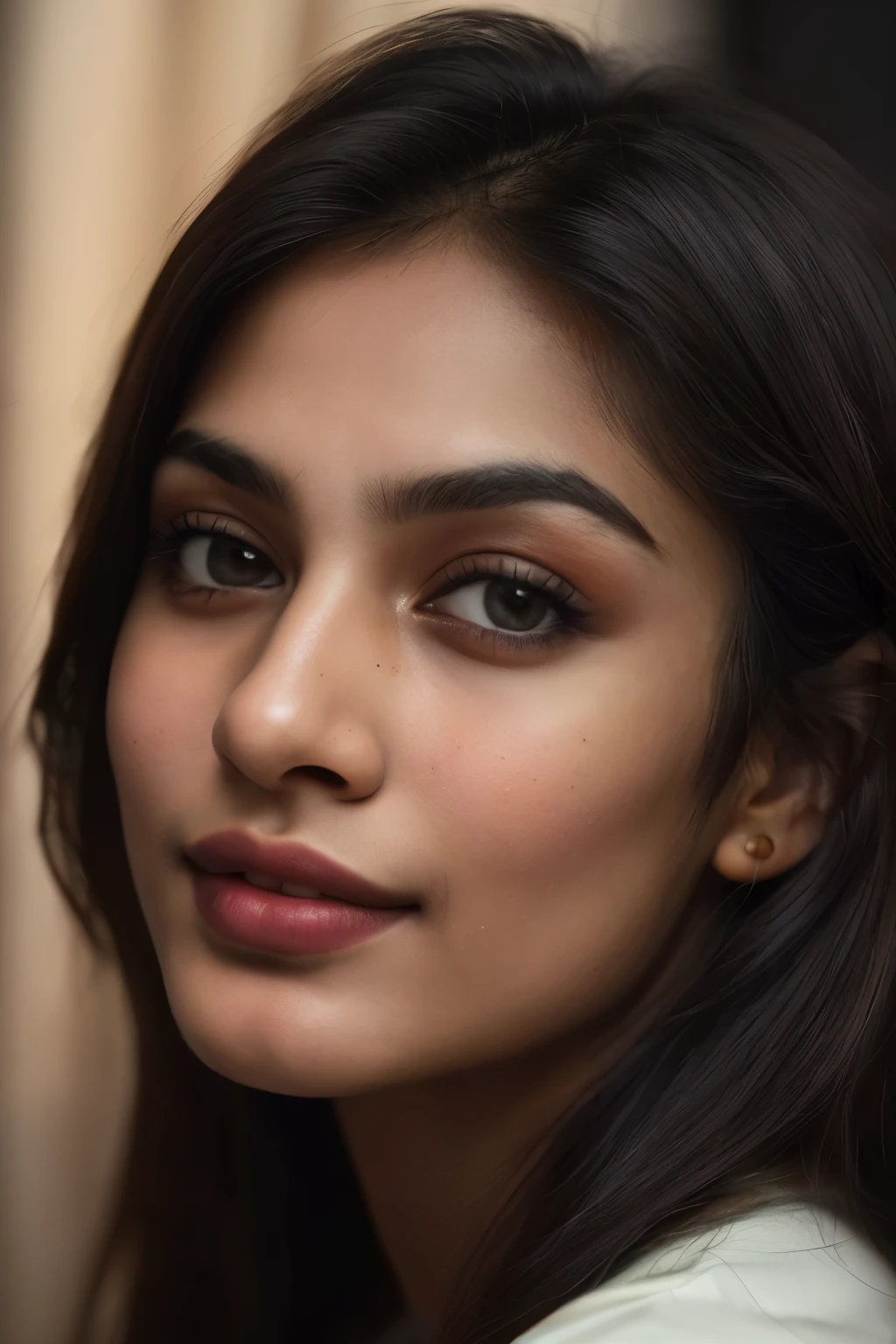 (close-up, editorial photograph of a 21-year-old Pakistani woman with sharp jawline, featuring a small, subtle mole below her left lips), (highly detailed face: 1.4) (smile: 0.7) (background inside dark, moody, private study: 1.3) POV, by Lee Jeffries, Nikon D850, film stock photograph, shot on Kodak Portra 400, camera with f1.6 lens, capturing rich colors, hyper-realistic lifelike texture, and dramatic lighting. The Cinestill 800 film enhances the overall mood. The portrait showcases a defined jawline, a charming smile revealing a dimple on her cheeks, and a captivating gaze directly into the camera.