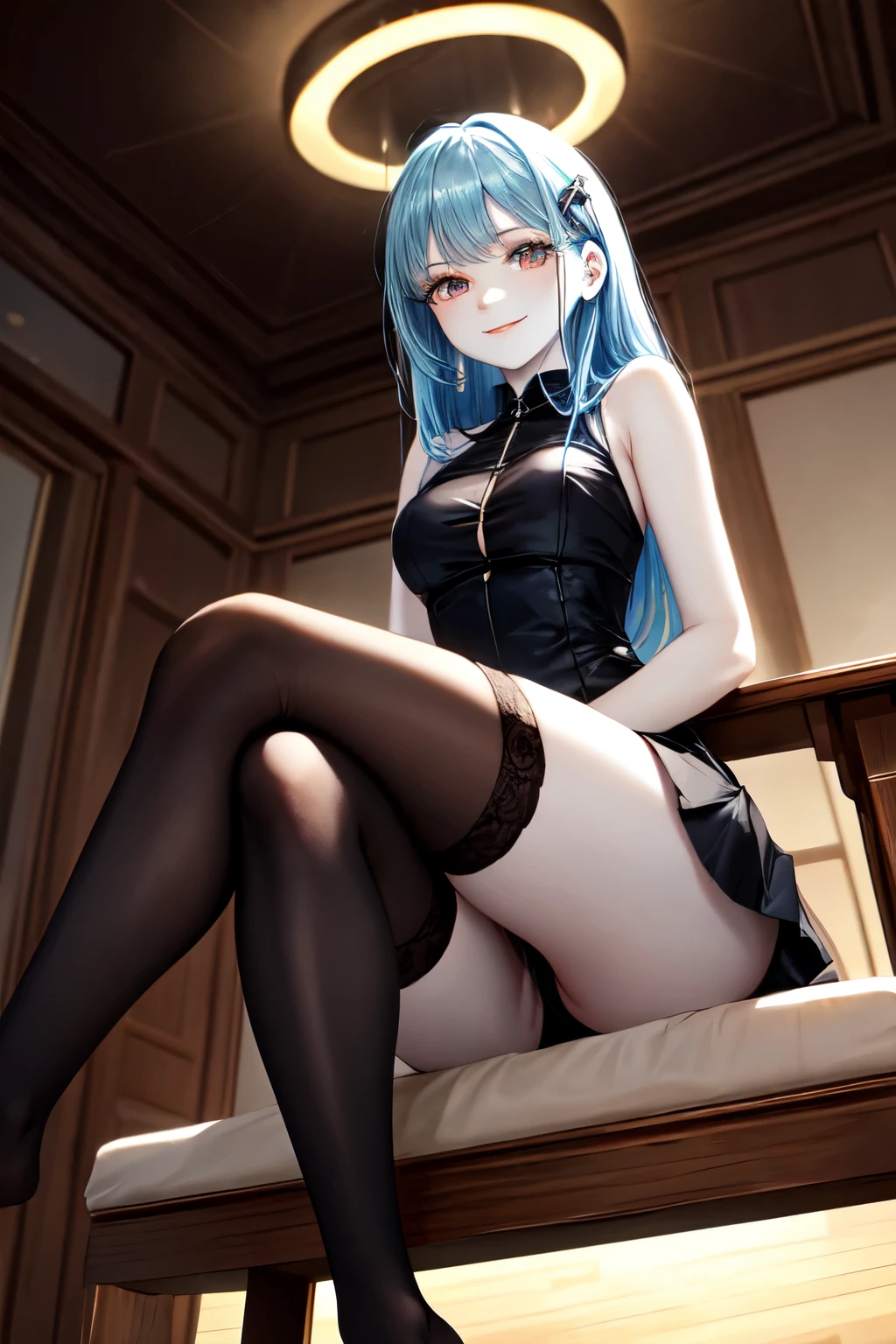 (foot focus:1.2), (presenting foot:1.3), foot towards viewer, from below, ((black thighhighs)), looking at viewer, from below, (hand on own thighs), eyelashes, (pale skin:1.5), anime style, masterpiece, 8k, sharp details, 1girl, solo, light blue hair, full body black dress with skirt, mature female, medium breasts, black side twin hair ribbon, brown eyes, long hair, sleeveless, closed mouth, crossed legs, light smile, sitting on a chair