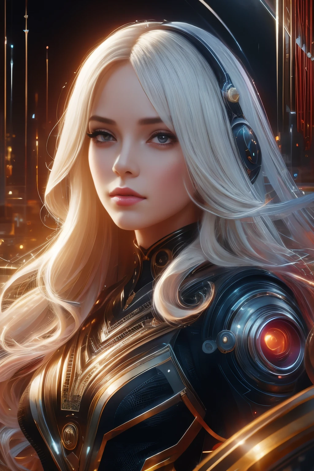 Portrait of a beautiful girl with wavy white hair, wearing a formal black dress with metal parts, red eyes, monograms in the background, digital painting, dark colors, 8k, complex details, vintage, retro futuristic style, sharp focus on the center, pastel colors, art station, (sci-fi, future, future theme), (facial expression looking with disdain), (detailed illustration)