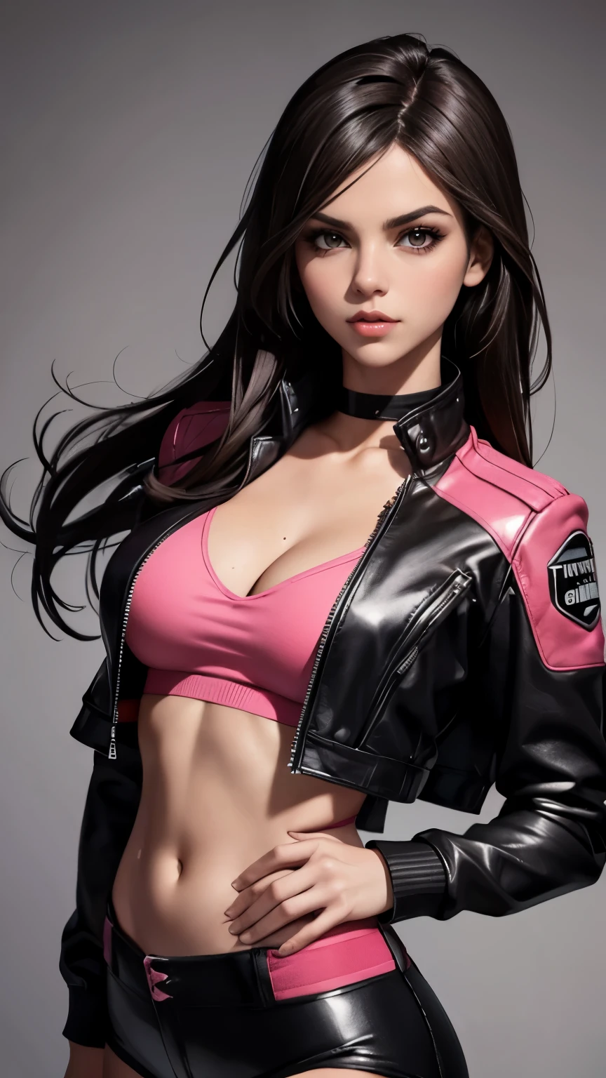 Victoria justice as beautiful female superheroine . dark brown hair brown eyes wears a black midriff top with a red stripe on the center and an opening on the chest , wears a domino mask. Wears a small pink leather jacket , wears black shorts that in red in the center, with the addition of fishnet stockings. Wears black boots with a pink outline portrait photography by artgerm, in the style of realism, glistening skin, , natural lighting, Defined full lips. fitness feminine body