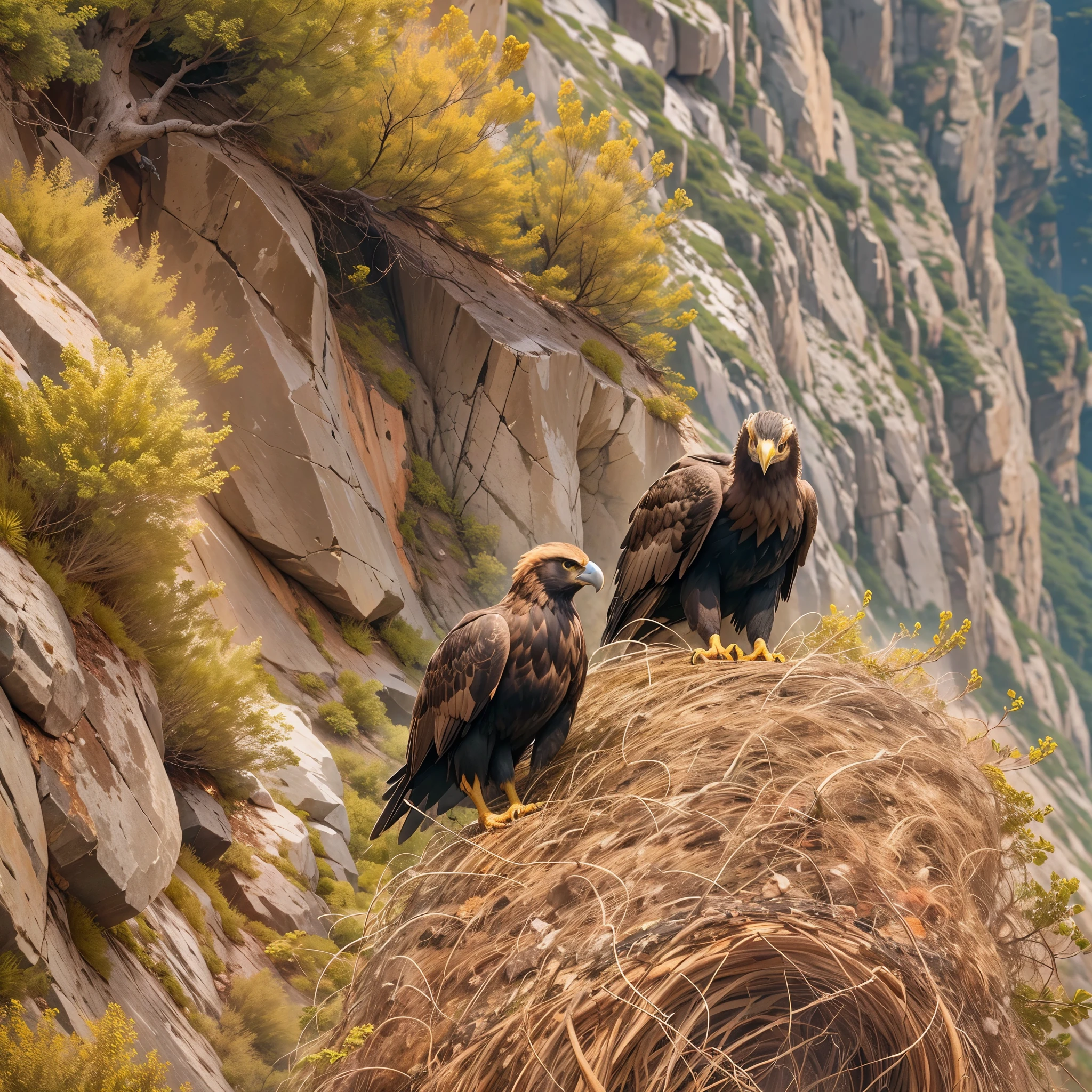 Hay woven nests located on steep cliff faces, Golden eagle cubs in the nest，Ultra-detailed，lifelike：1.37，Bright colors，soft light